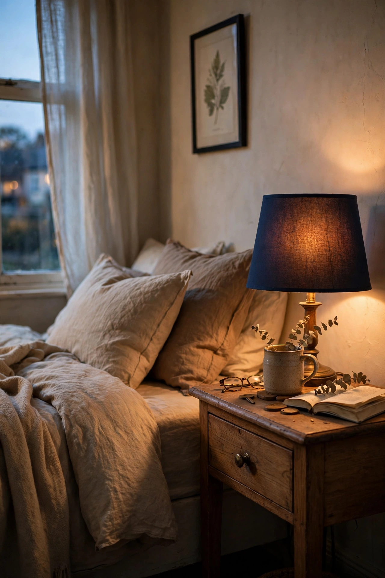 Bedside lamp with a navy drum lampshade glowing warmly