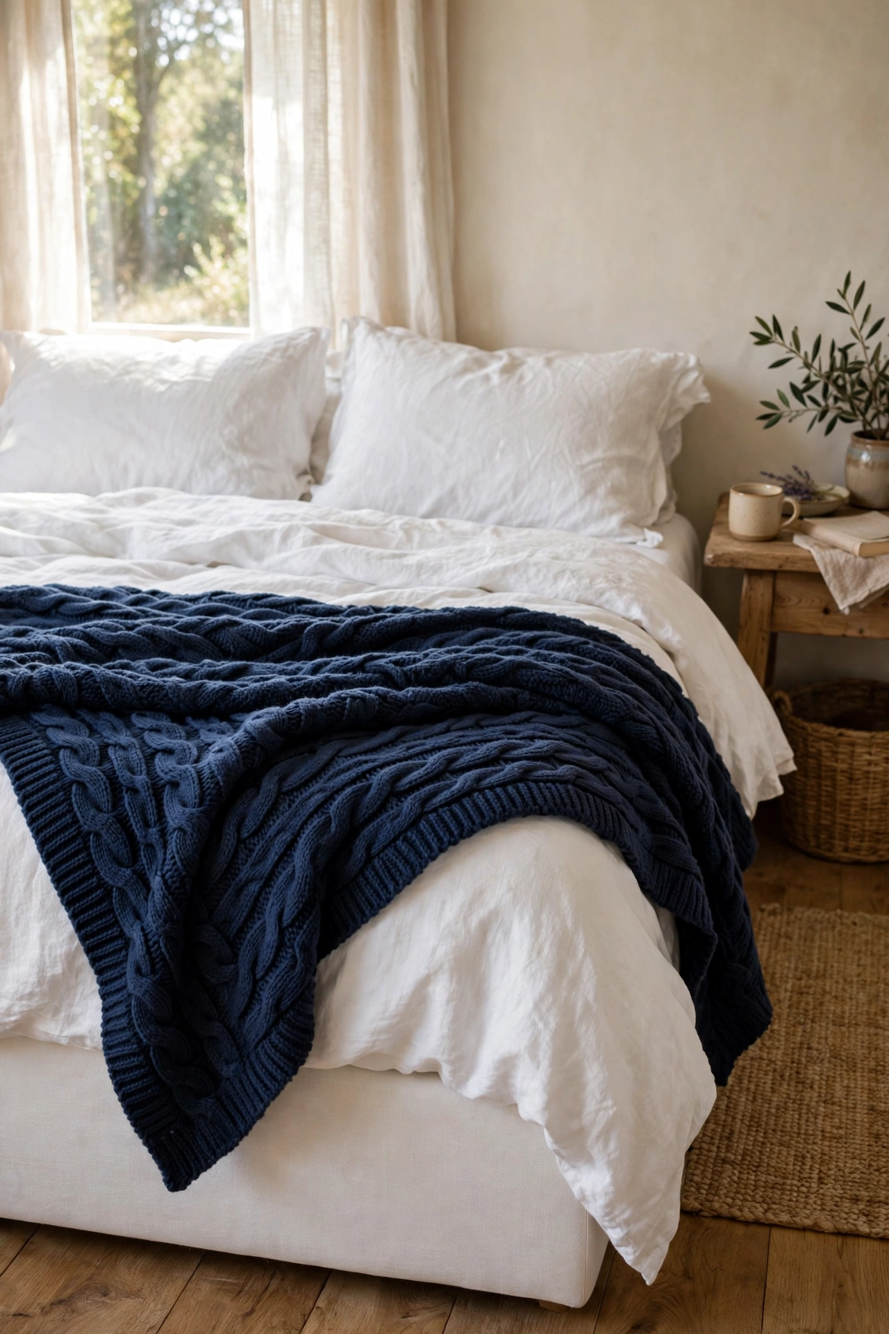 Chunky navy knit throw folded across the foot of a white bed