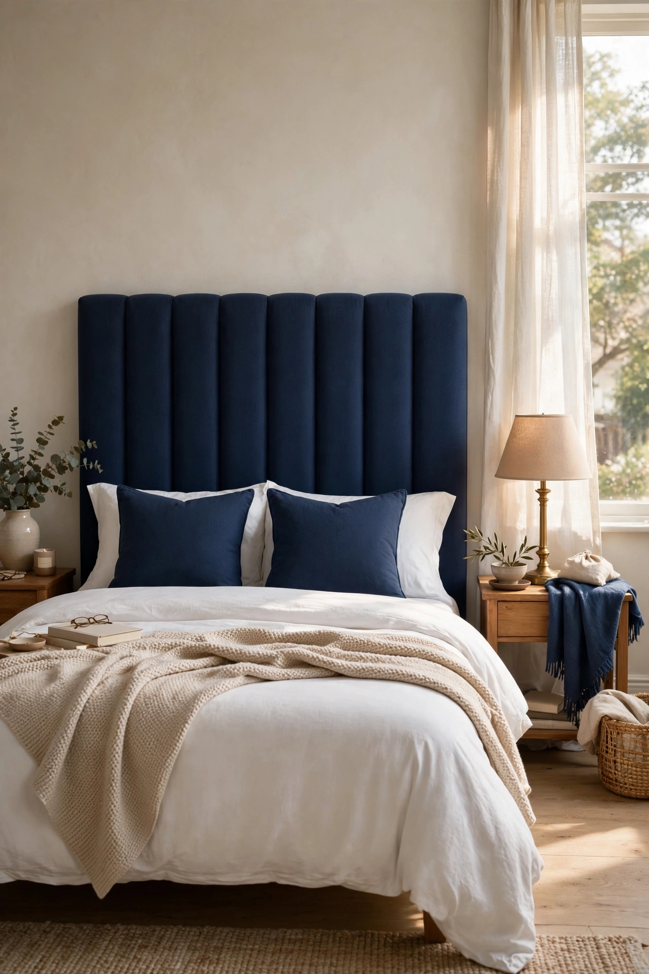 Tall padded navy fabric headboard behind white bedroom bedding