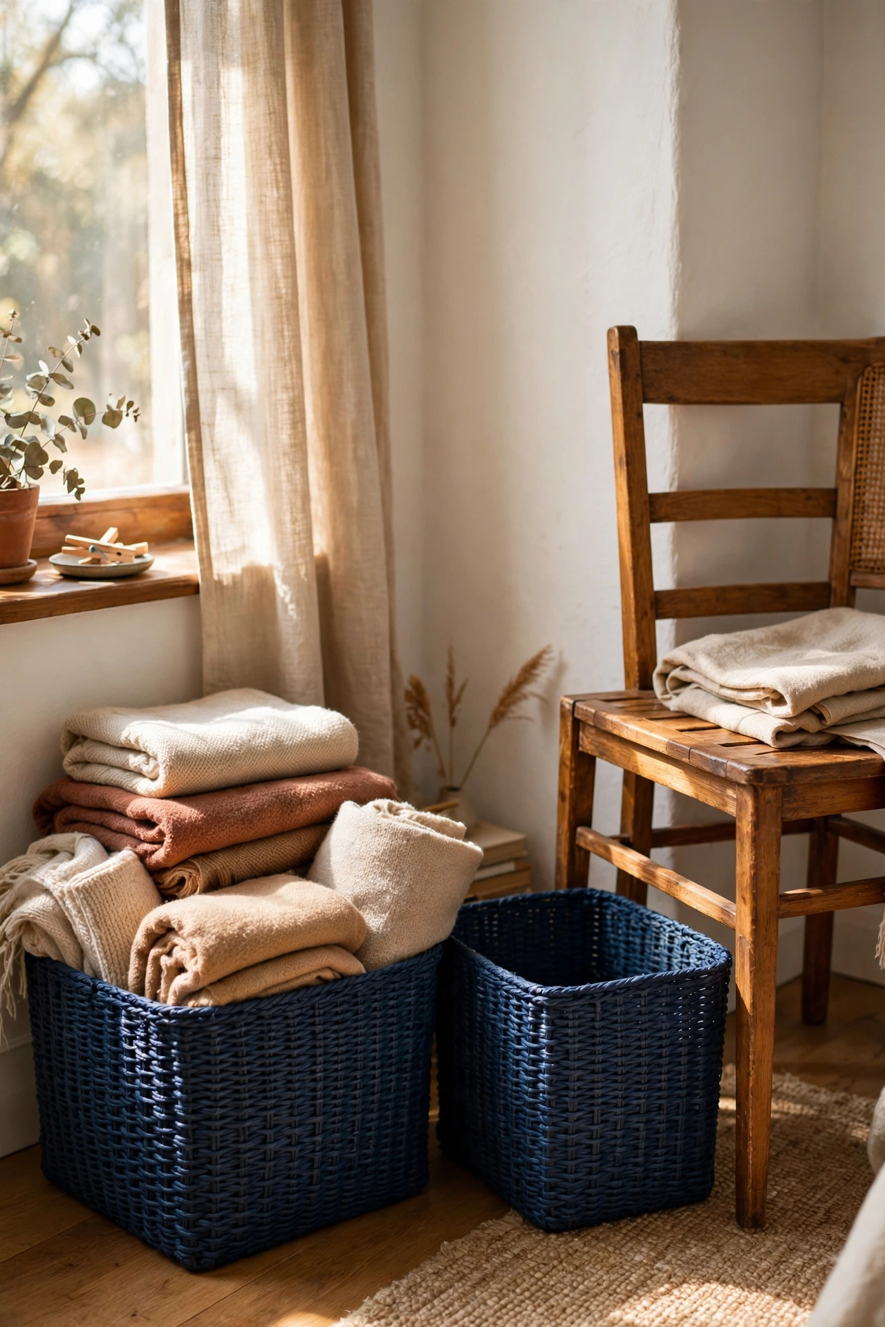 Navy woven storage baskets holding throws beside a bedroom chair