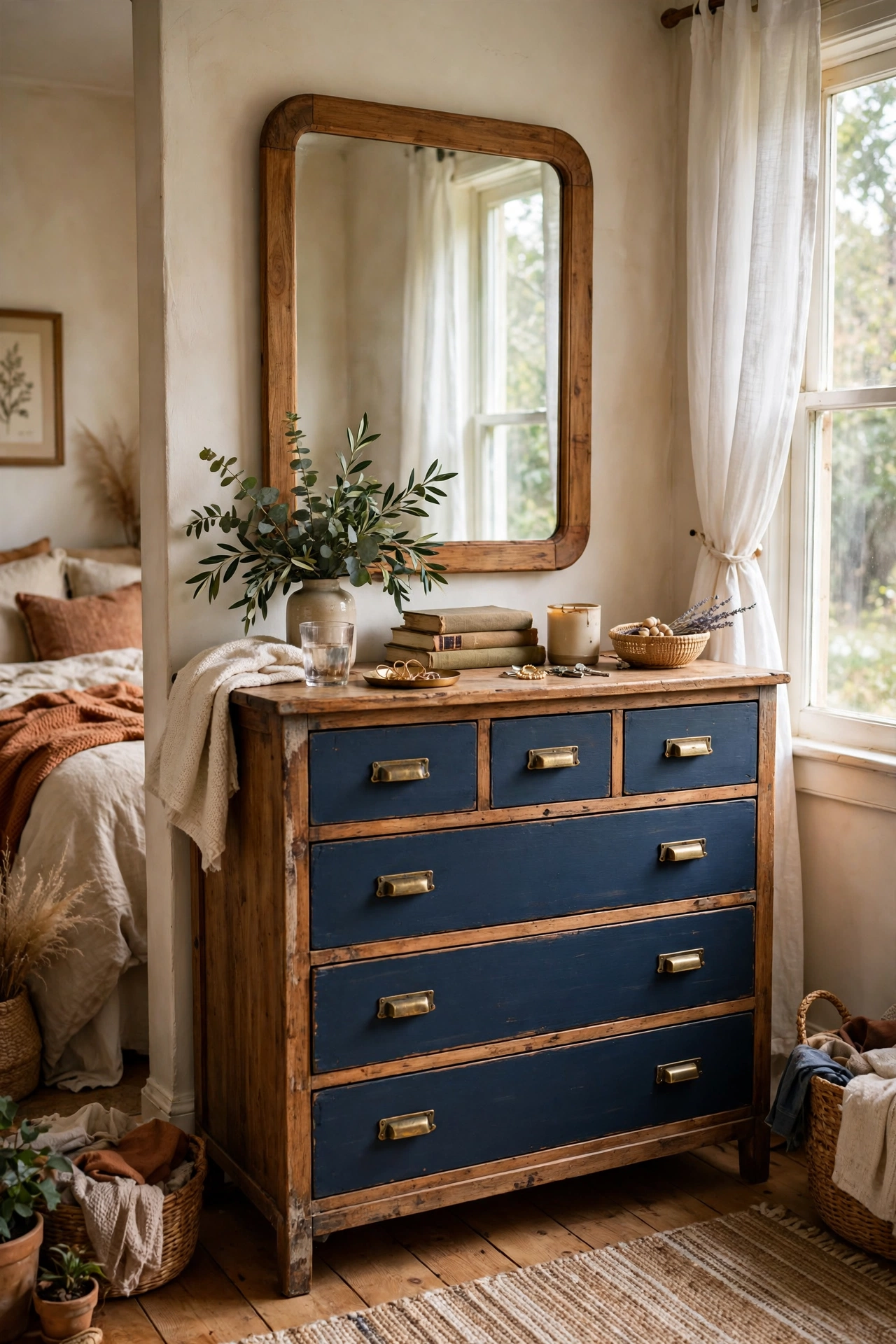 Thrifted dresser with navy painted drawer fronts and brass pulls