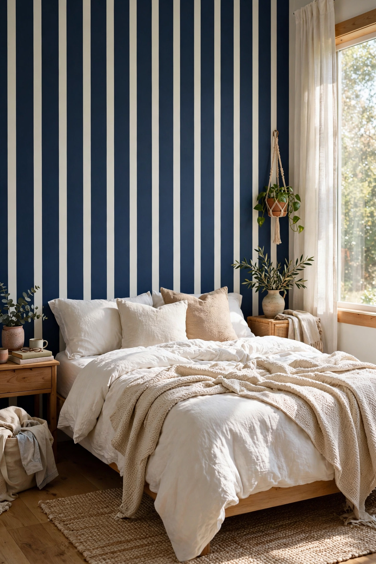 Bedroom wall with peel-and-stick navy vertical stripes behind a bed