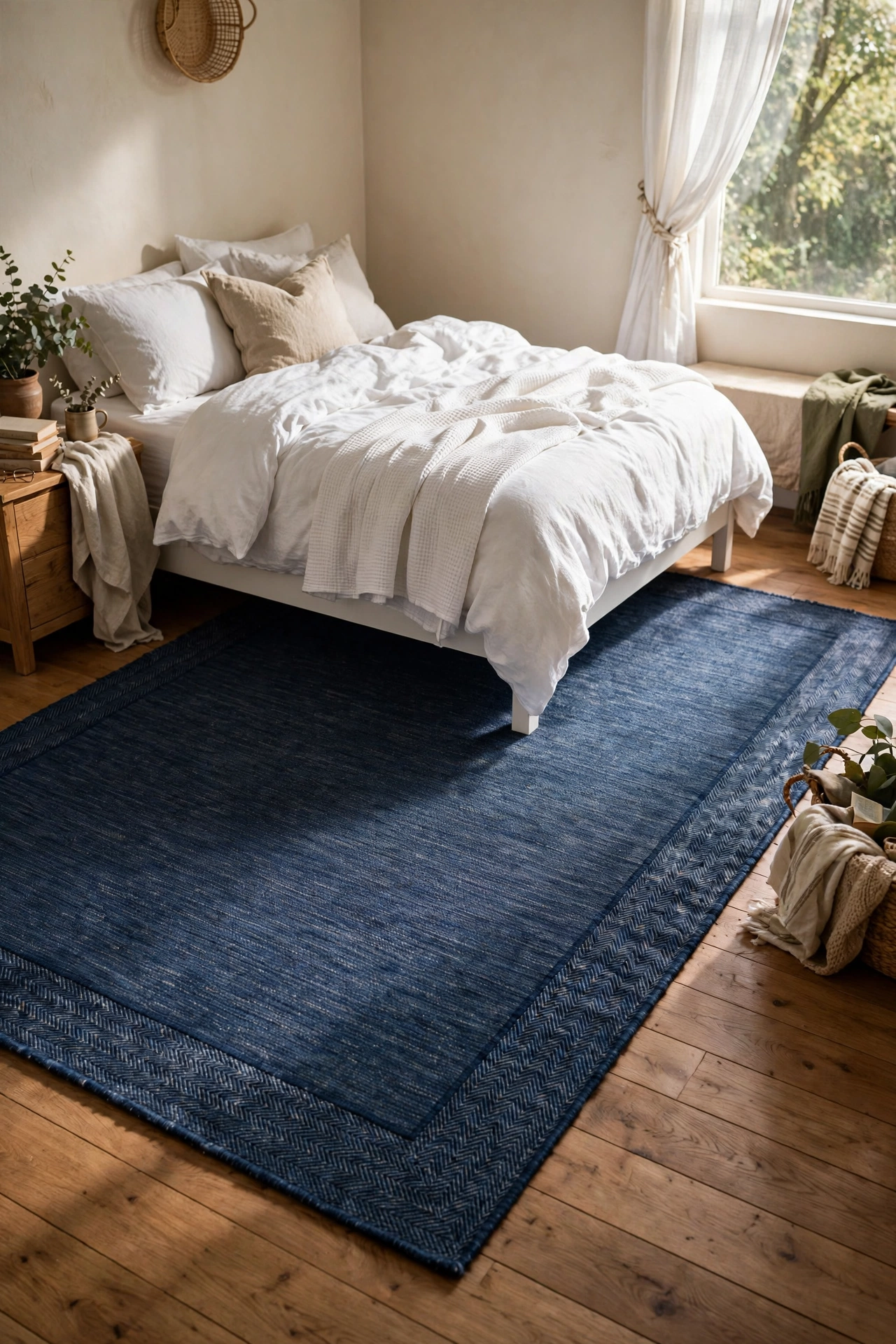 Large navy flatweave rug slid under a bed in a bedroom