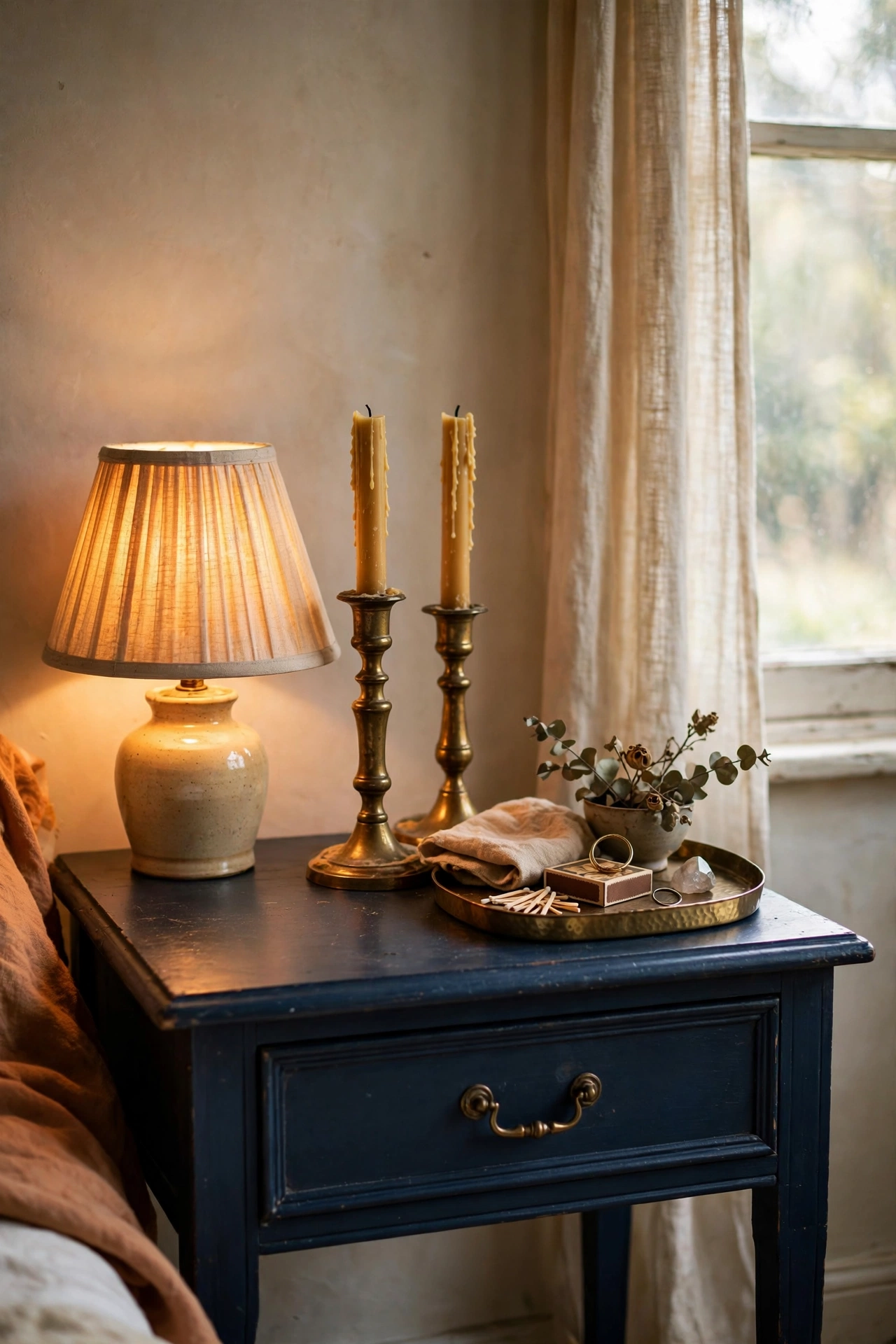 Brass candlesticks and tray styled on a navy bedside table