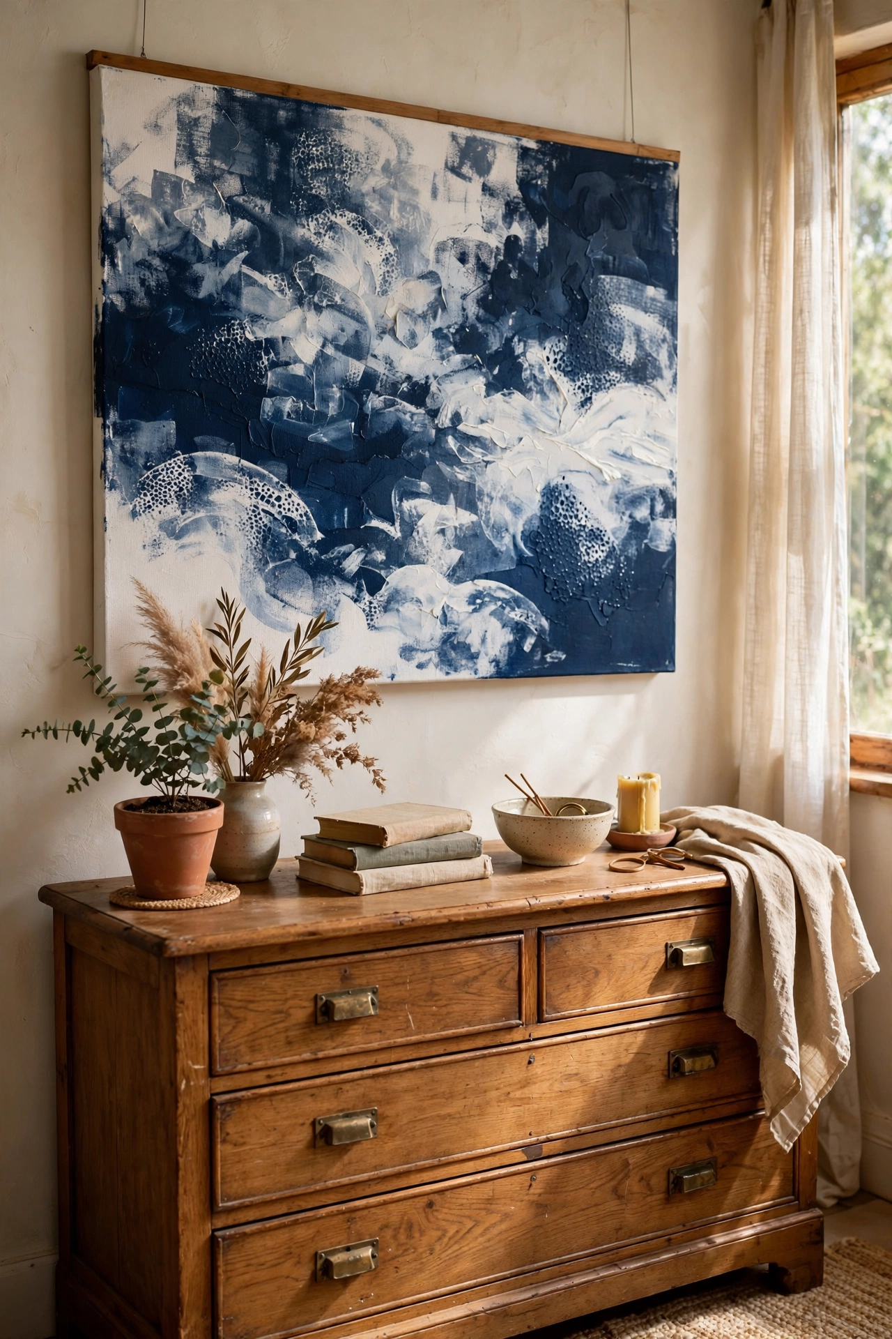 Large sponge-painted navy abstract canvas hanging over a dresser