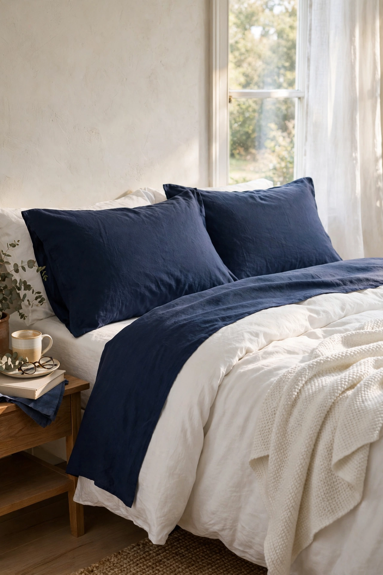 Bed layered with navy and white mix-and-match sale bedding
