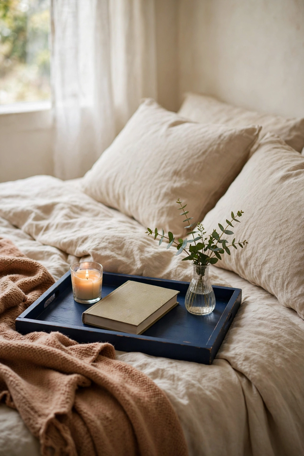 Navy painted wooden tray styled with a candle and book on a bed