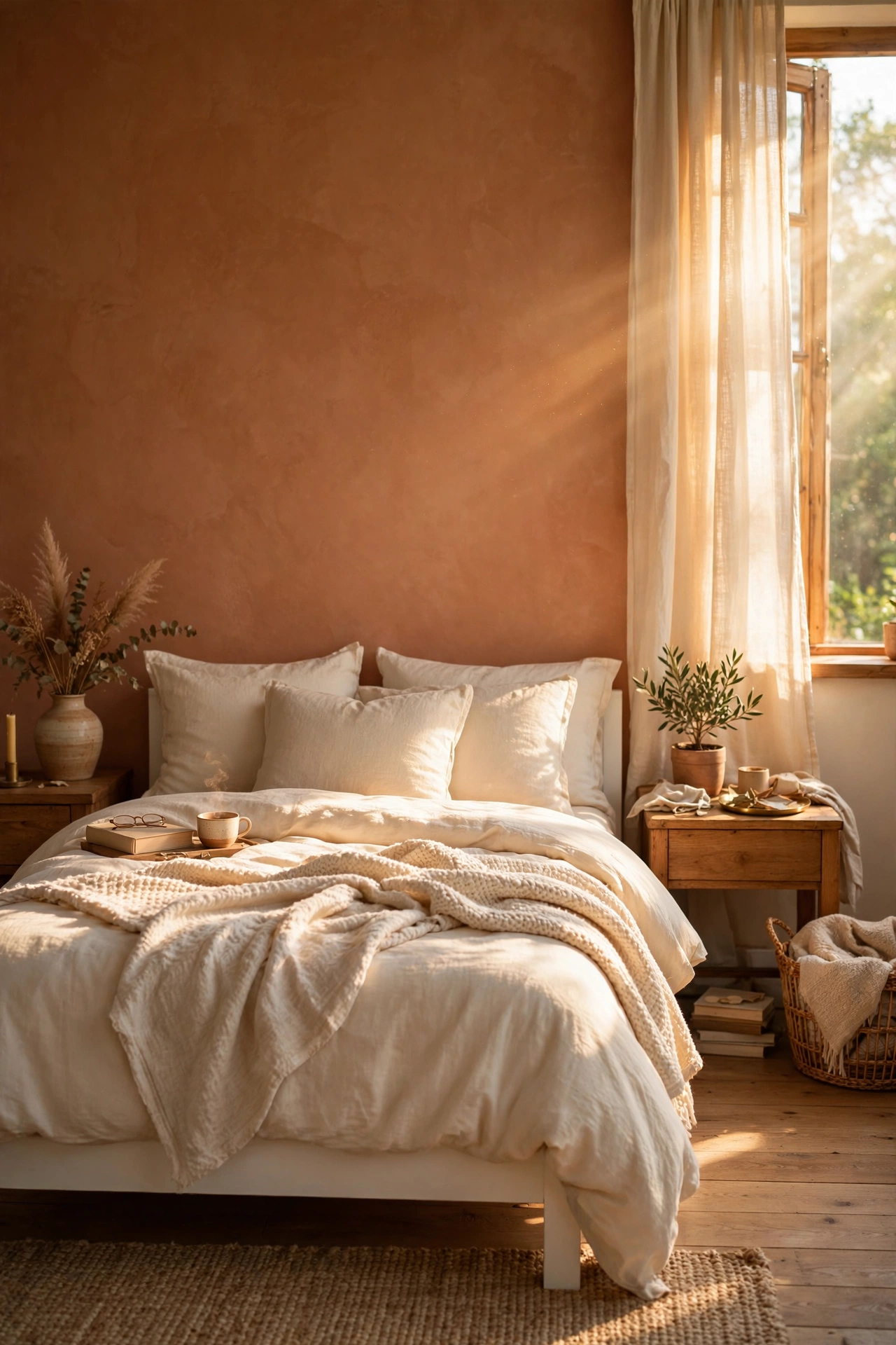 Bedroom with a warm clay terracotta feature wall behind a white bed