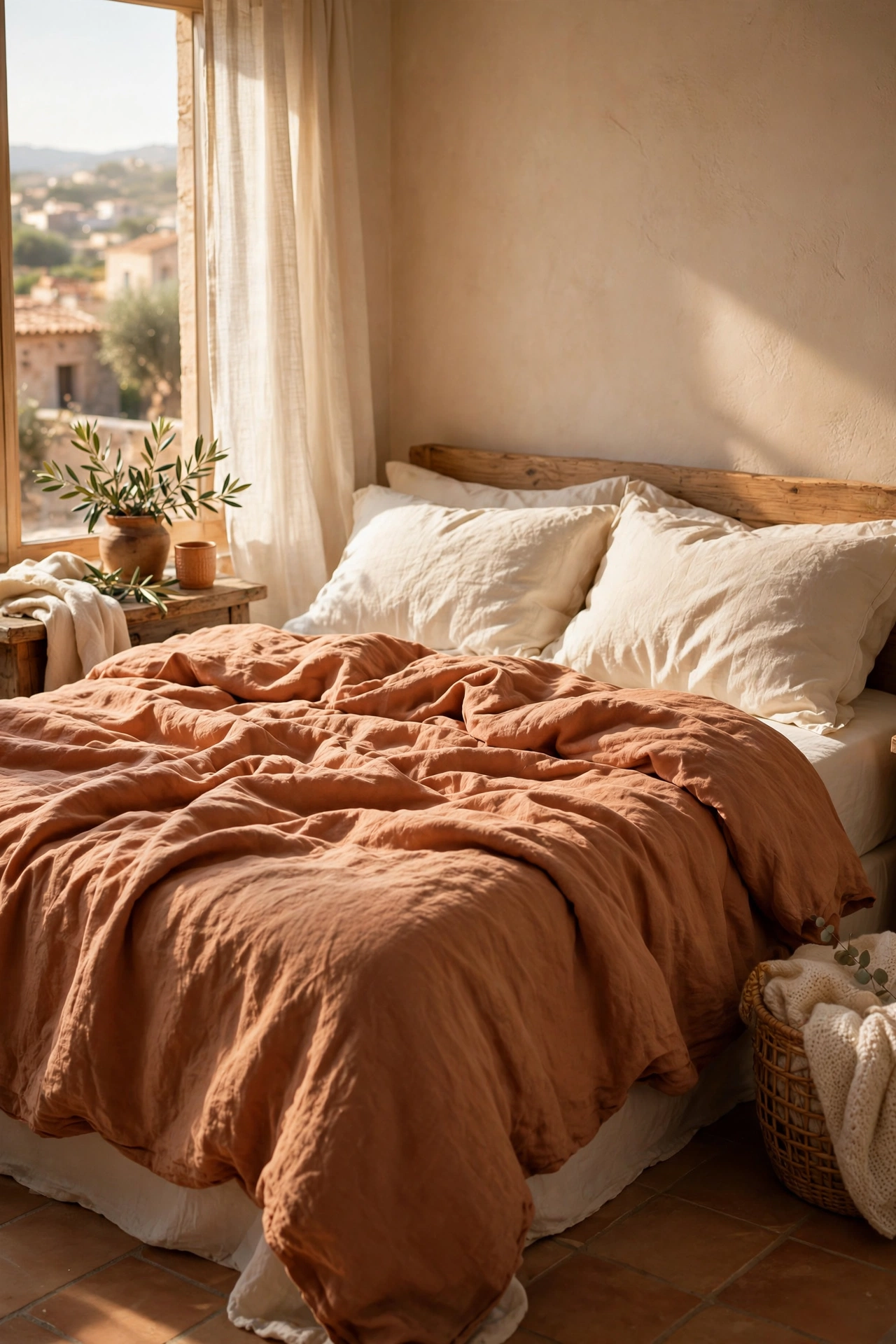 Bed with a washed terracotta linen duvet cover, rumpled and inviting