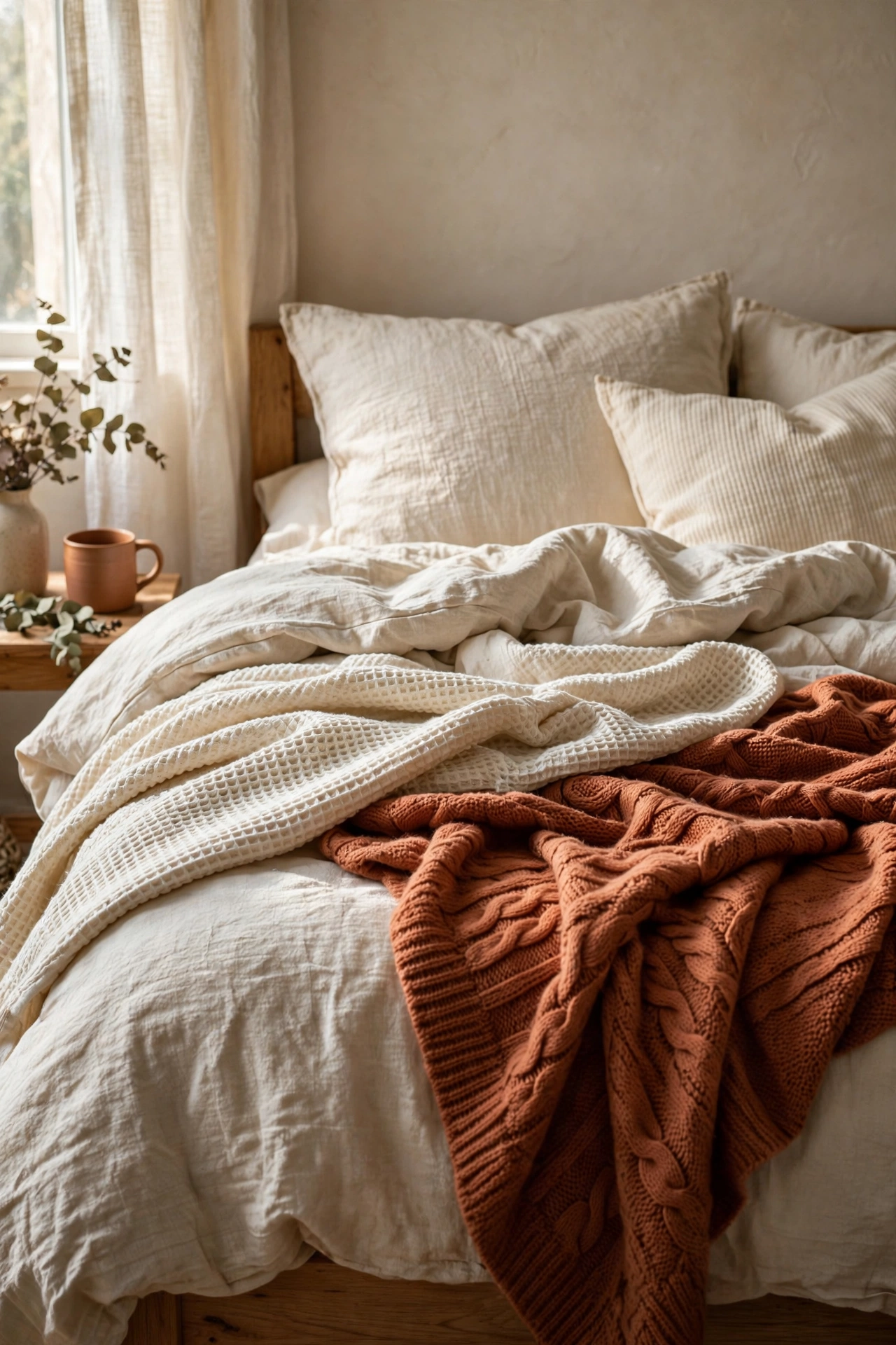 Bed layered with terracotta knit and cream waffle throws