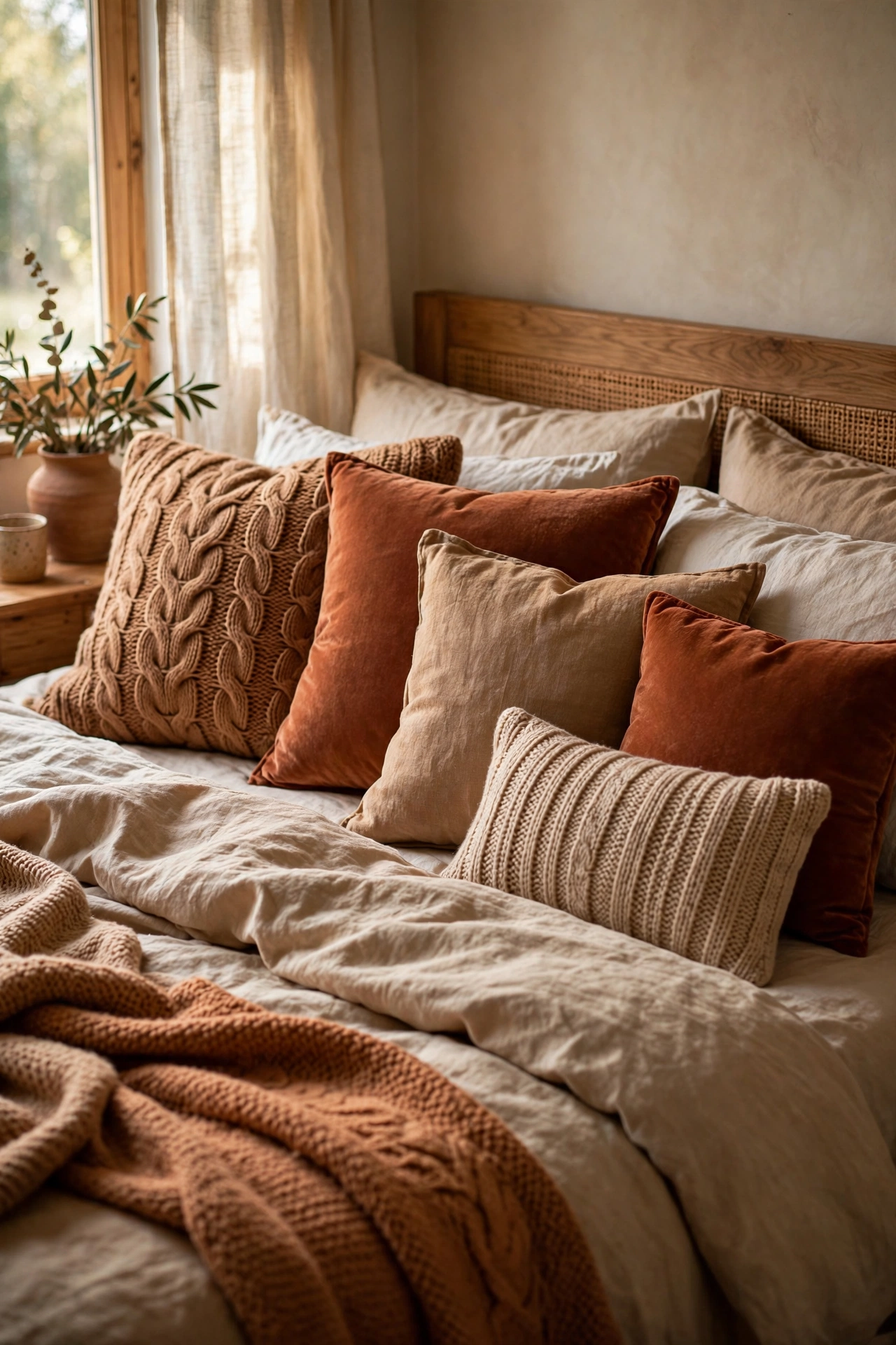 Bed styled with five terracotta cushions in velvet, linen and knit textures
