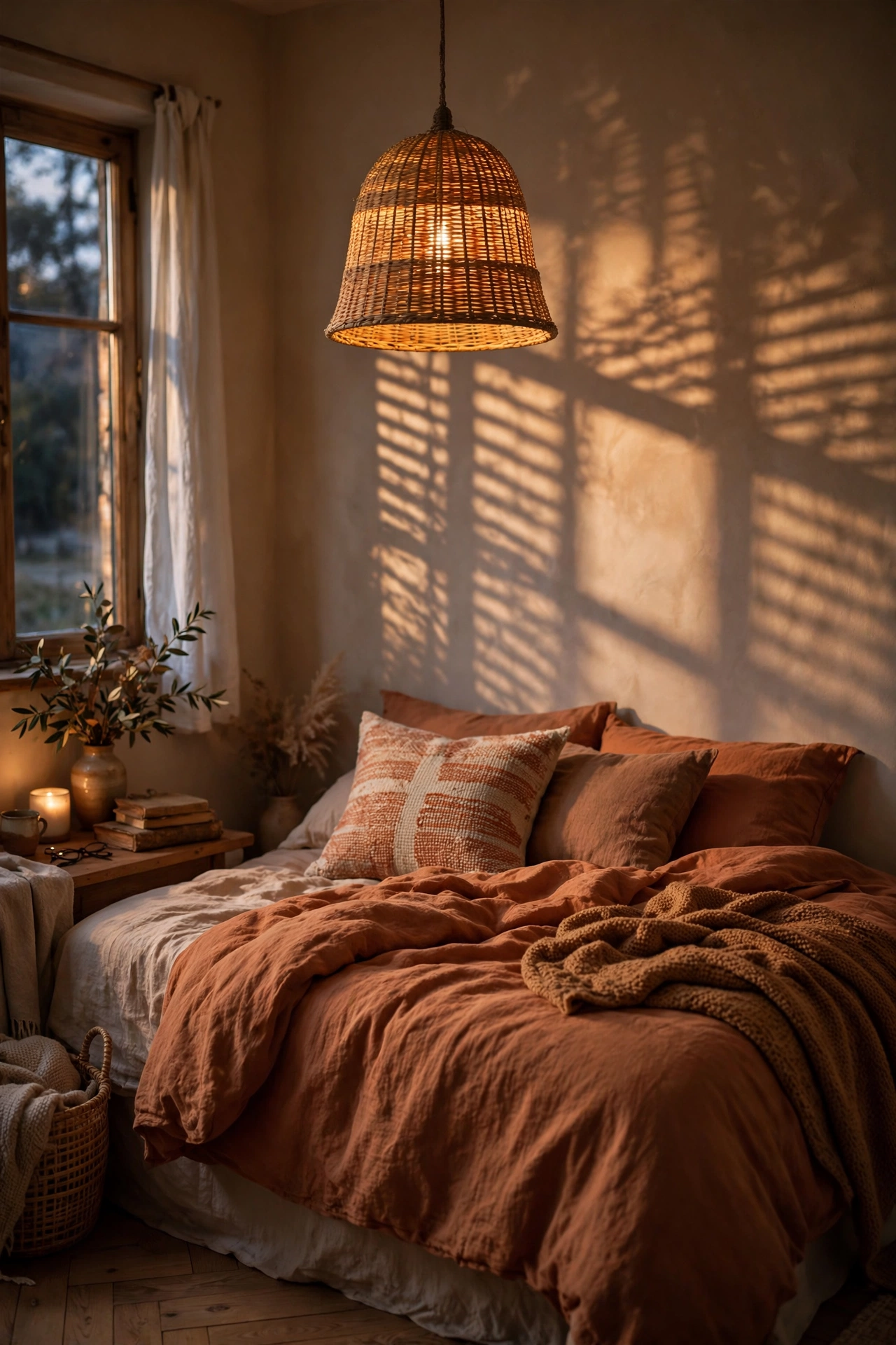 Woven rattan pendant light glowing warmly over a terracotta bedroom