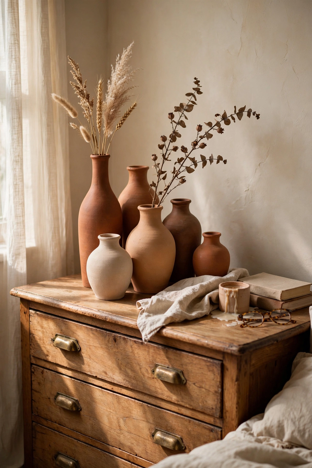 Cluster of terracotta vases in different heights on a bedroom dresser