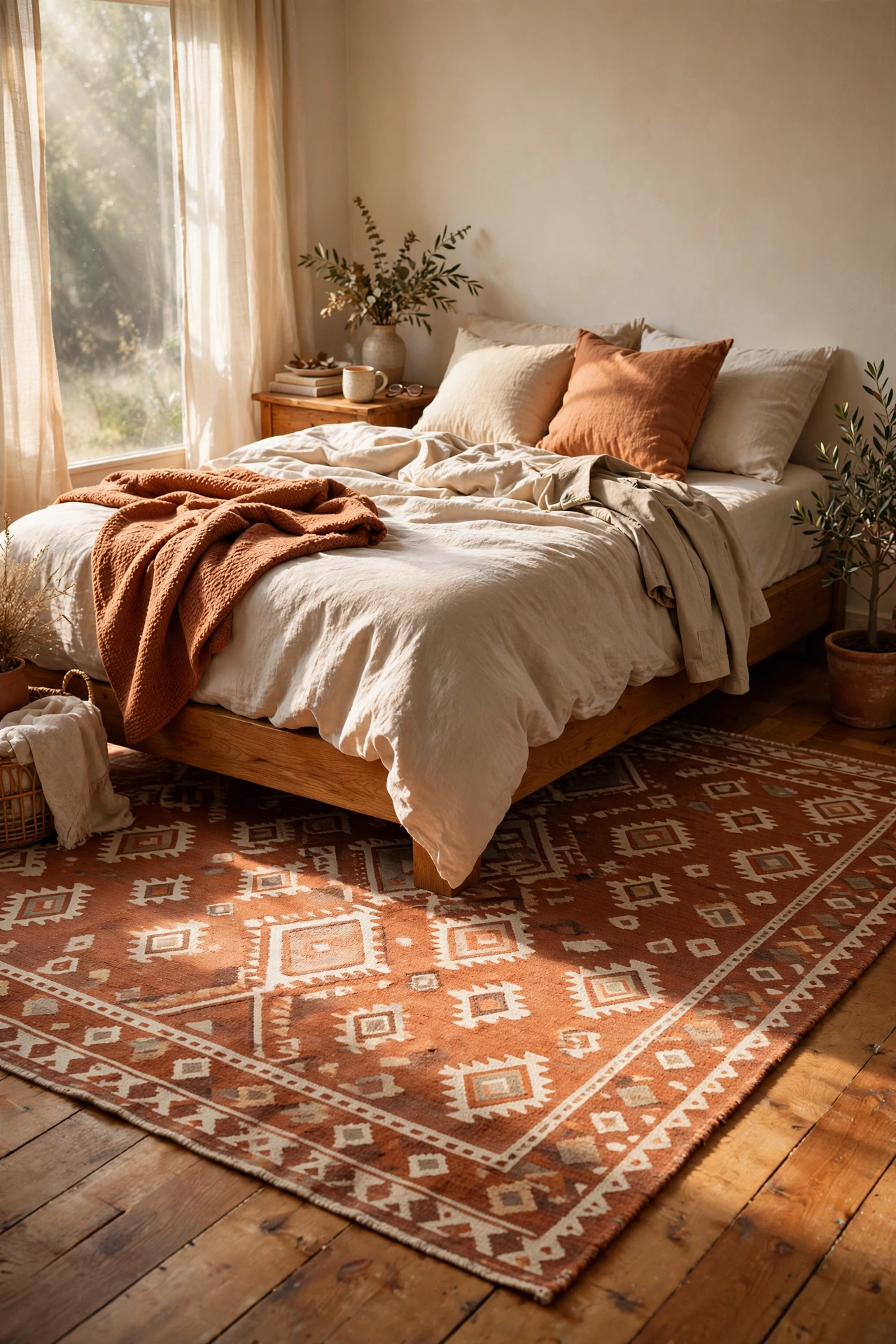 Sun-baked terracotta and cream patterned rug under a bedroom bed