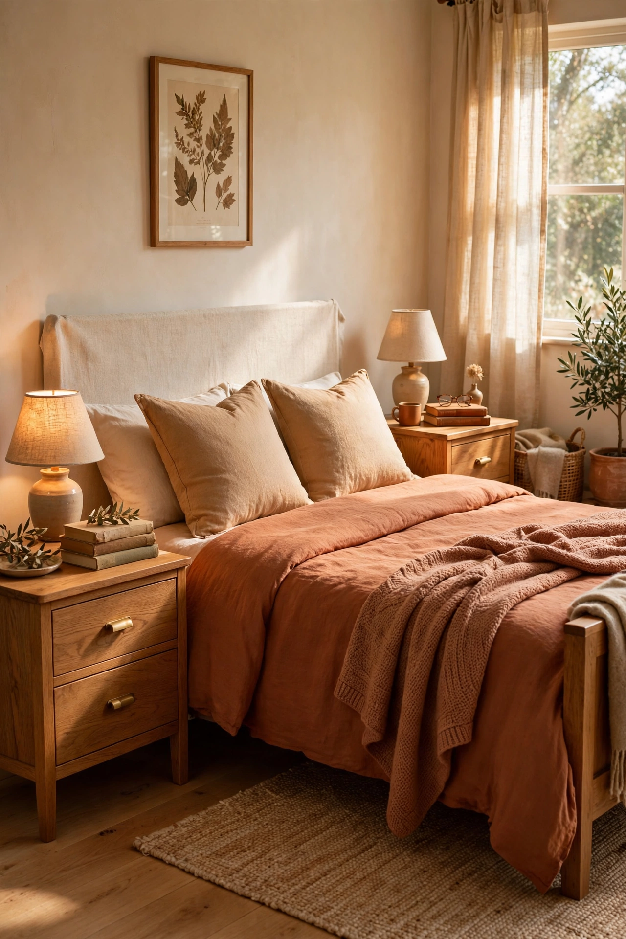 Pair of warm oak bedside tables flanking a terracotta bed