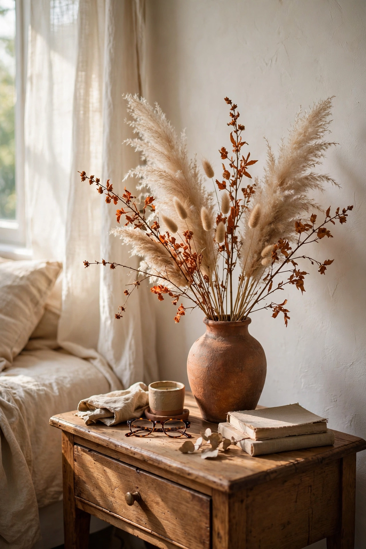 Nightstand vases with dried pampas and rusty-toned grasses