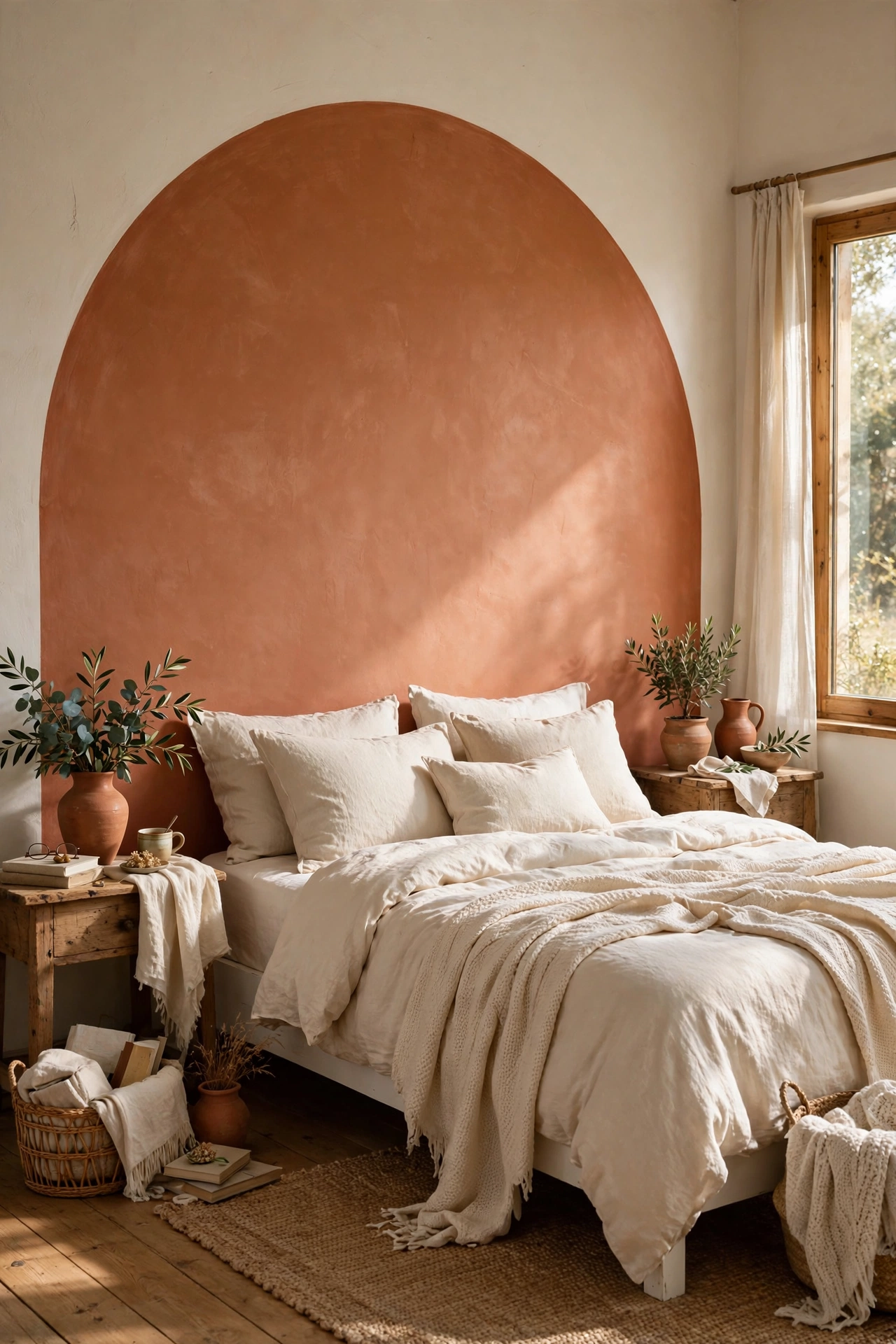 Bedroom wall with a painted terracotta arch behind the bed