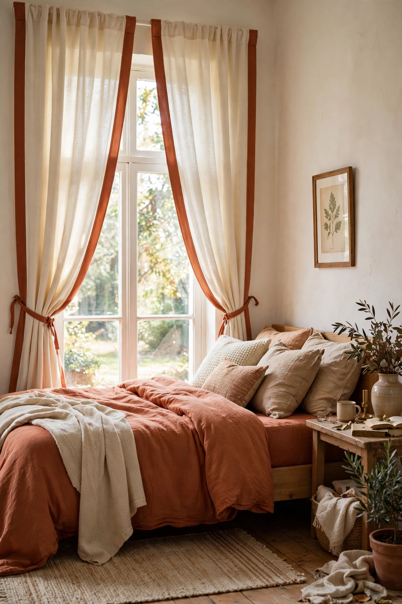 Cream curtains with terracotta grosgrain trim in a warm bedroom