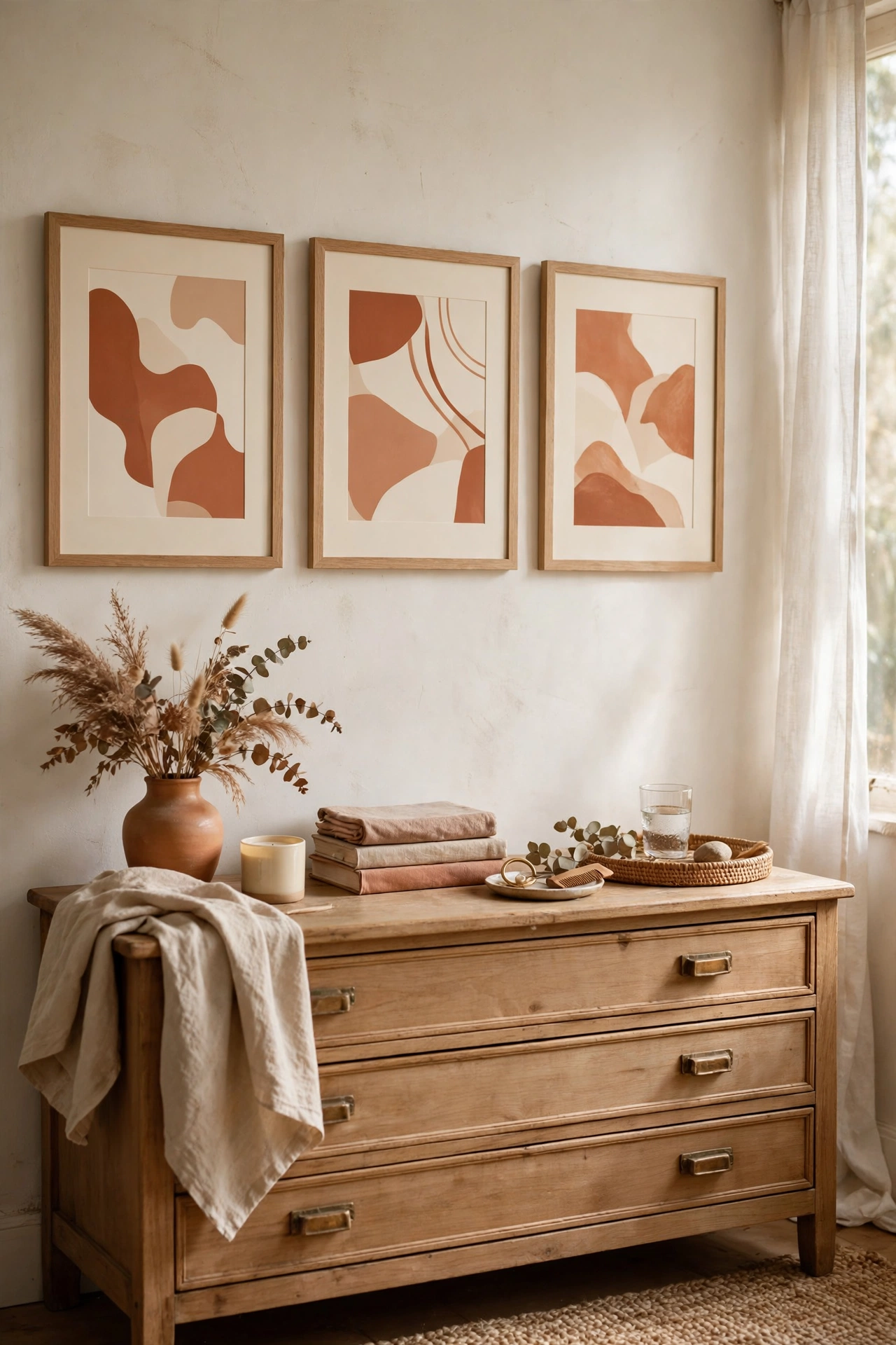 Three terracotta abstract prints in light oak frames above a dresser