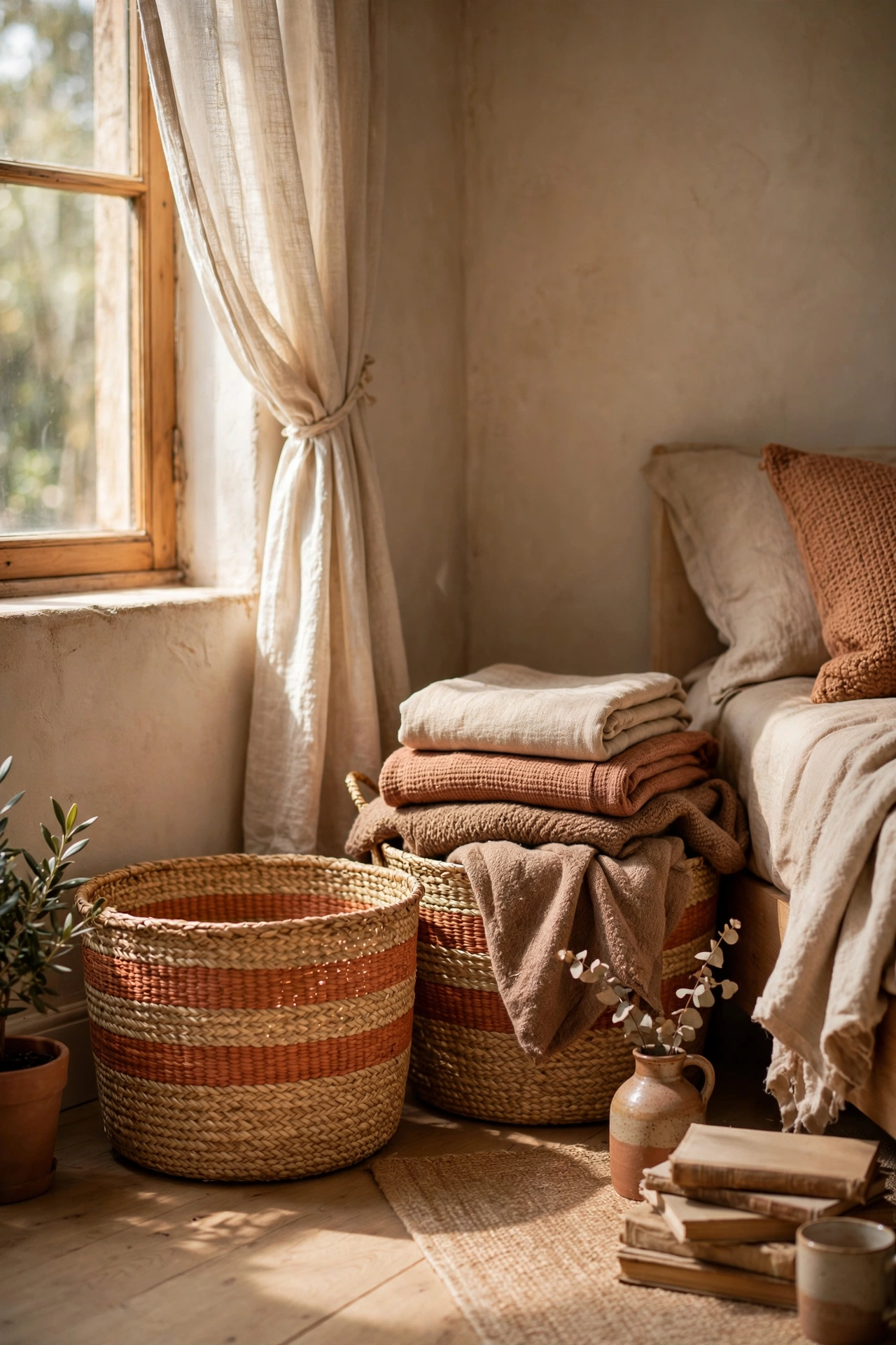 Seagrass baskets with terracotta bands holding throws in a bedroom