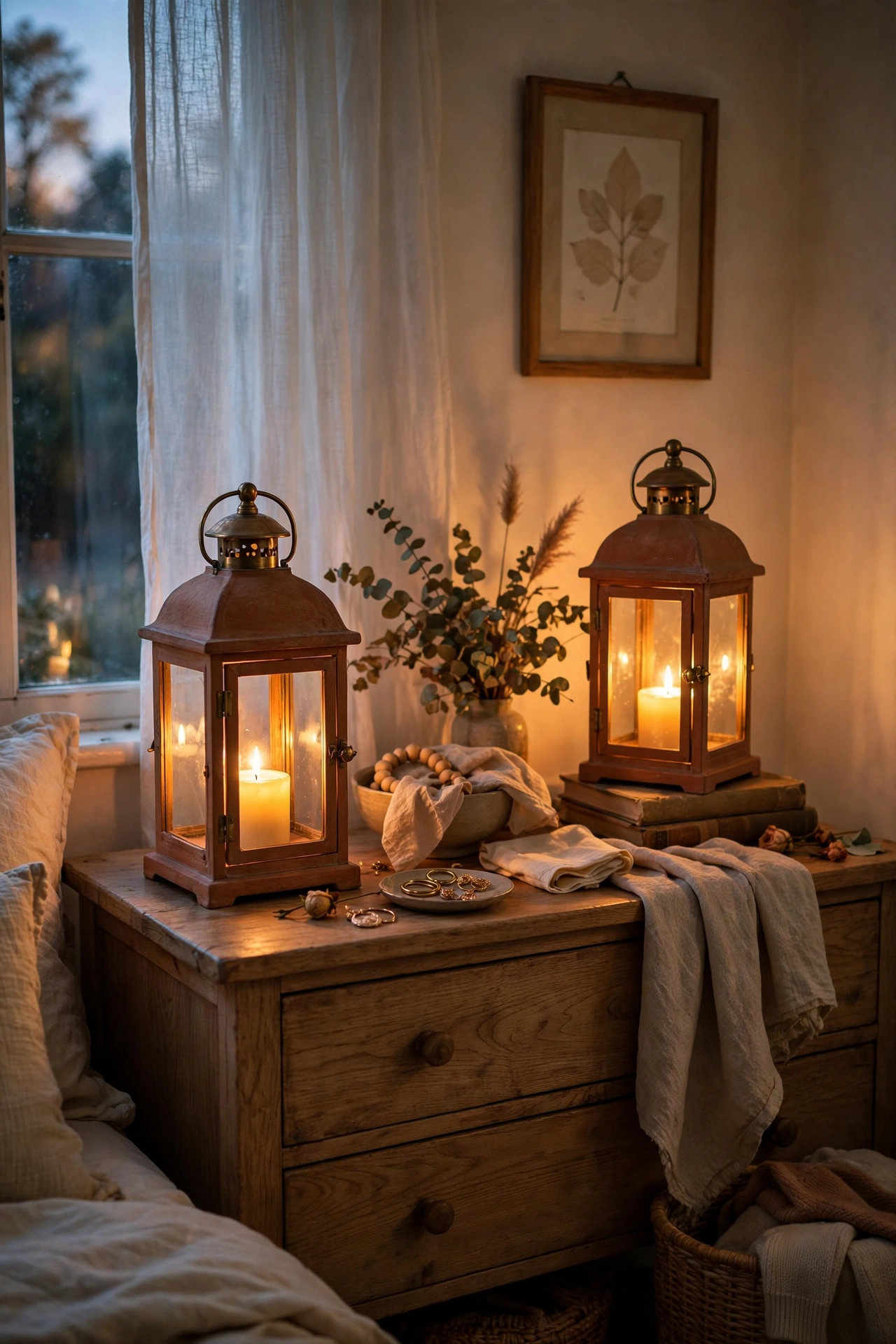 Terracotta lanterns glowing with candles on a bedroom dresser
