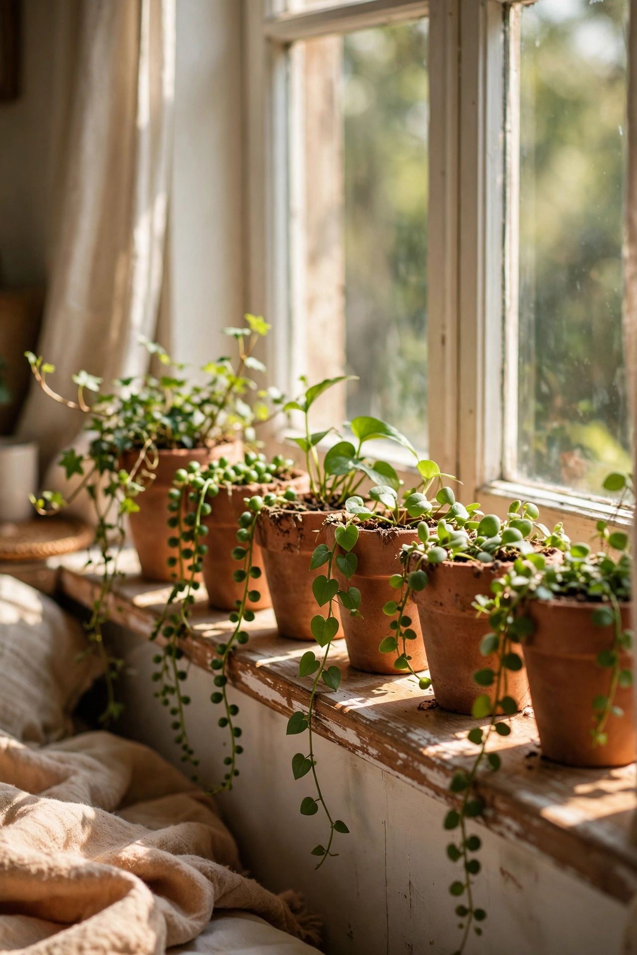 Windowsill lined with small unglazed terracotta plant pots