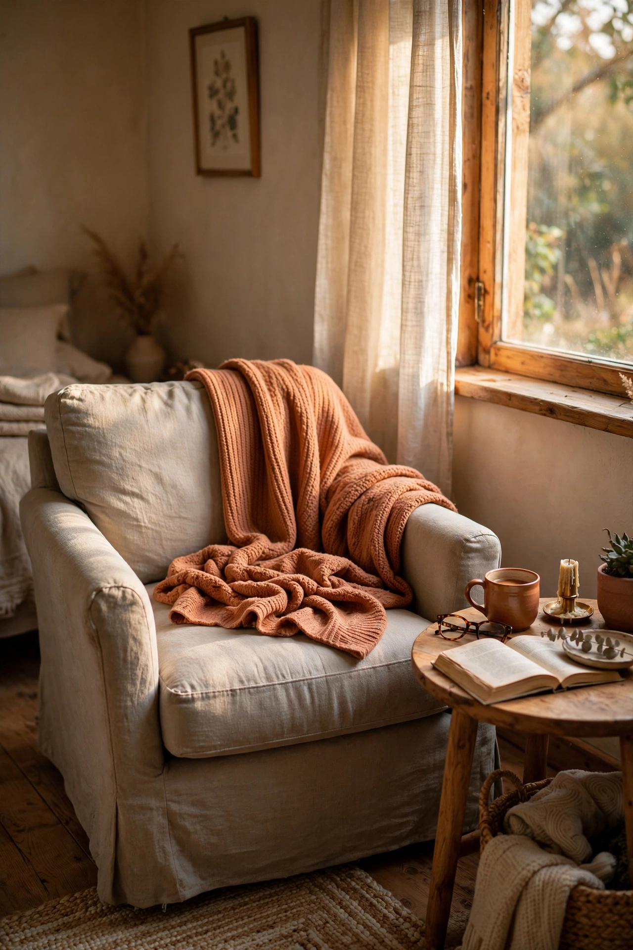 Terracotta throw draped over a reading chair in a bedroom corner