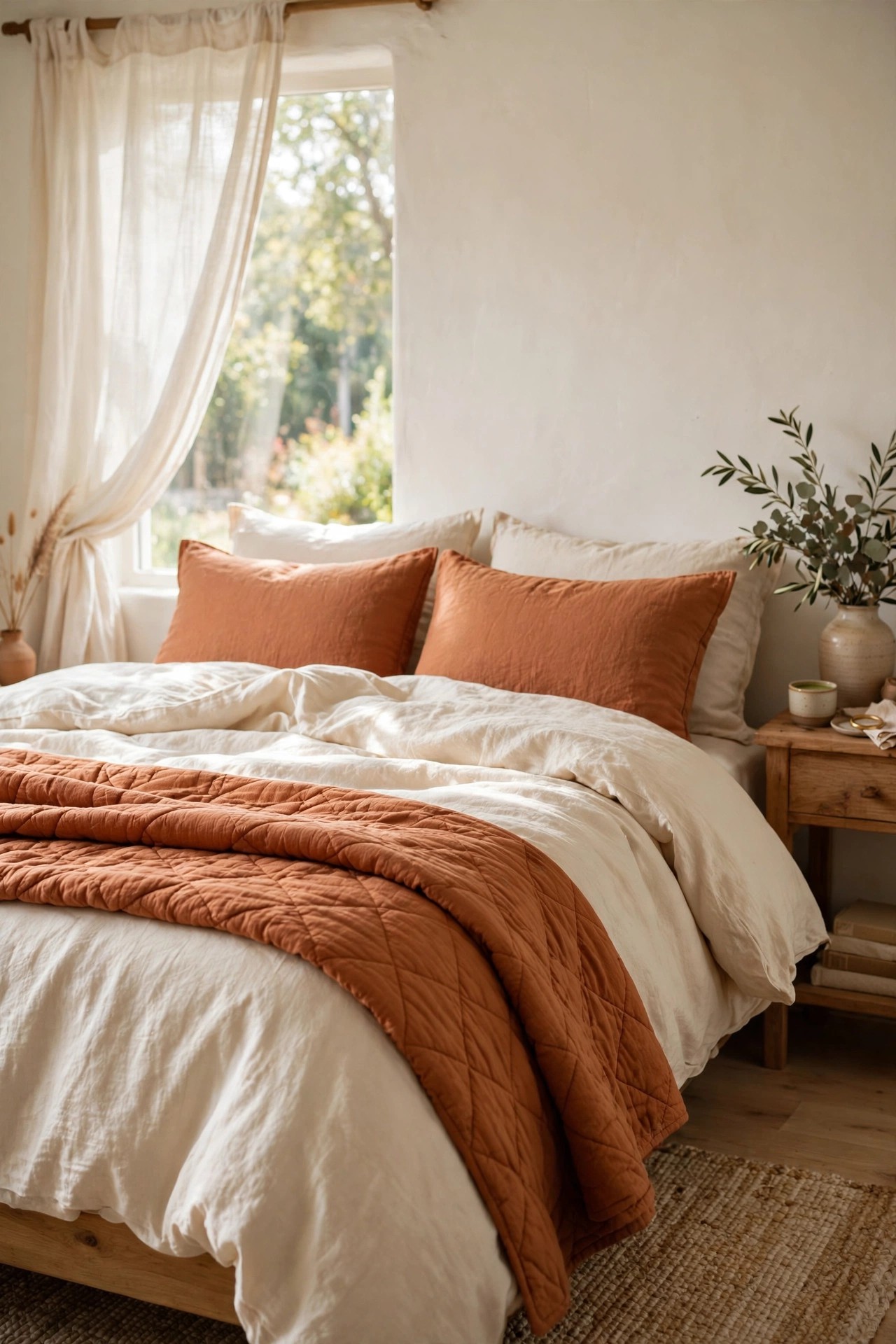 Bed with cream bedding layered with terracotta quilt and shams