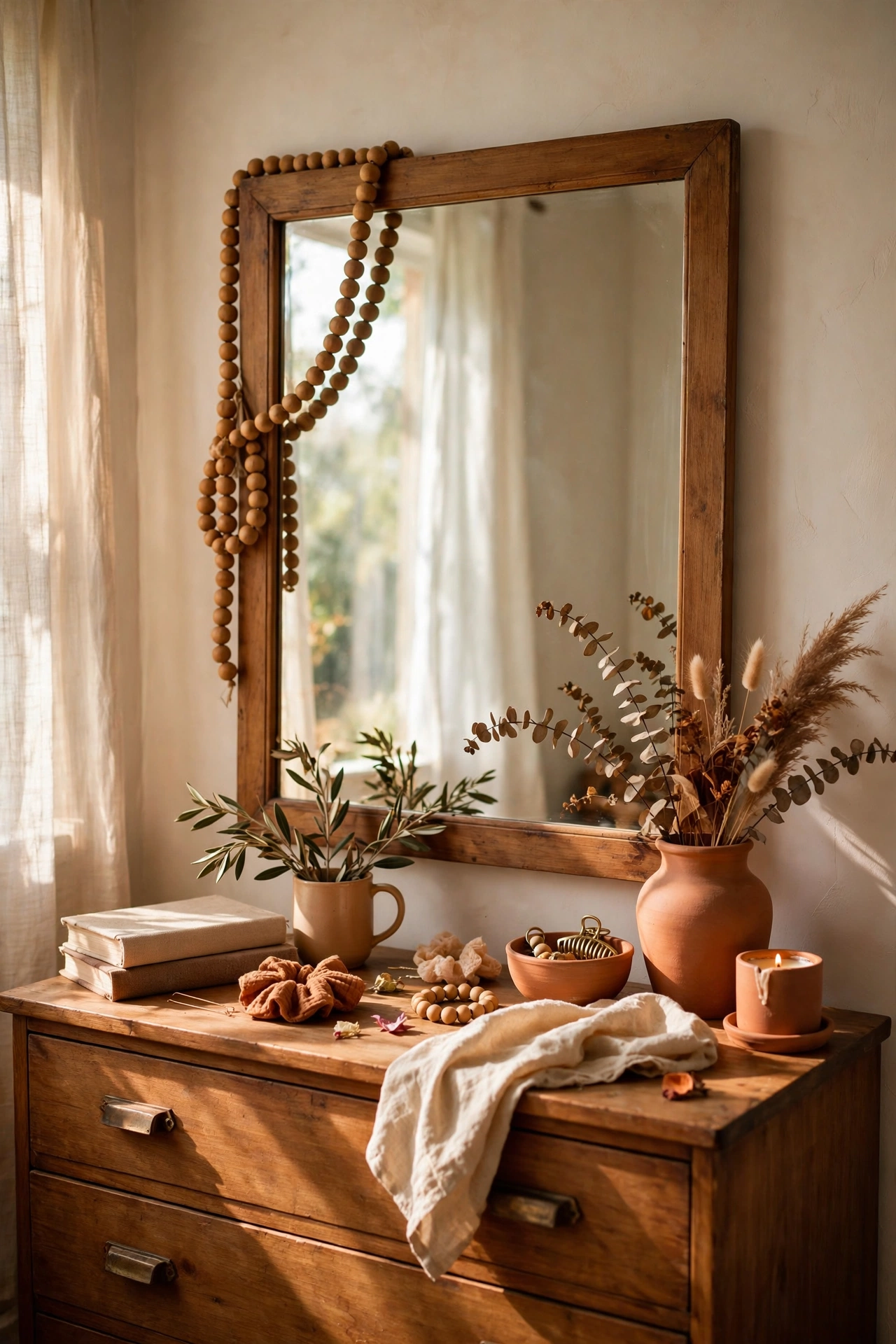 Honey-toned wooden bead garland draped over a dresser mirror