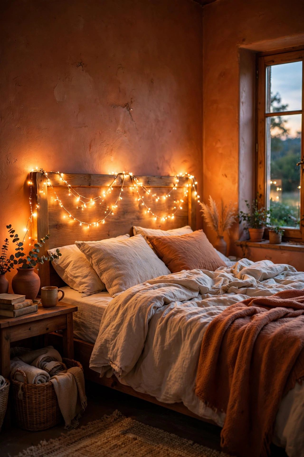 Warm fairy lights glowing along a headboard in a terracotta bedroom