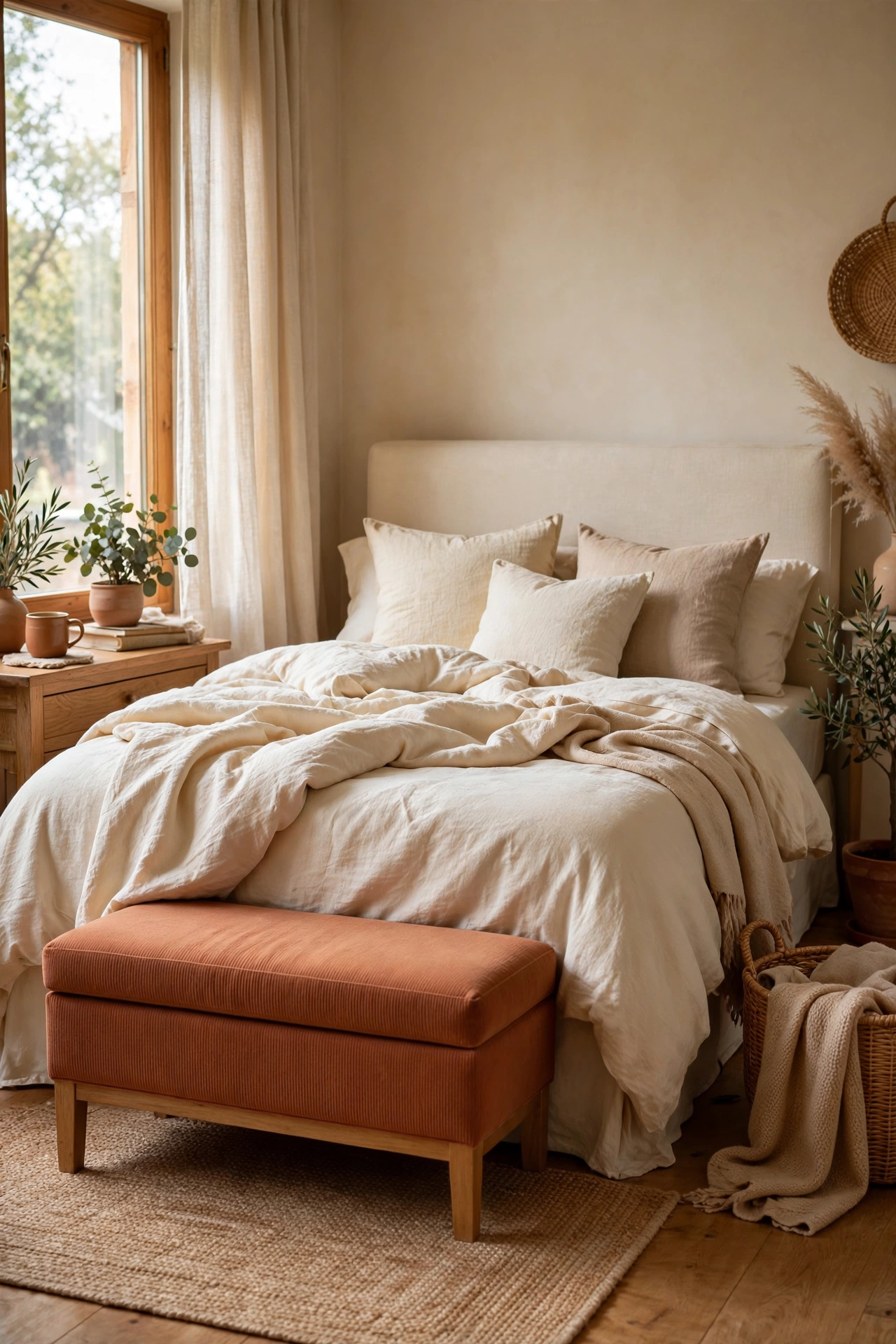 Terracotta upholstered storage bench at the foot of a cream bed