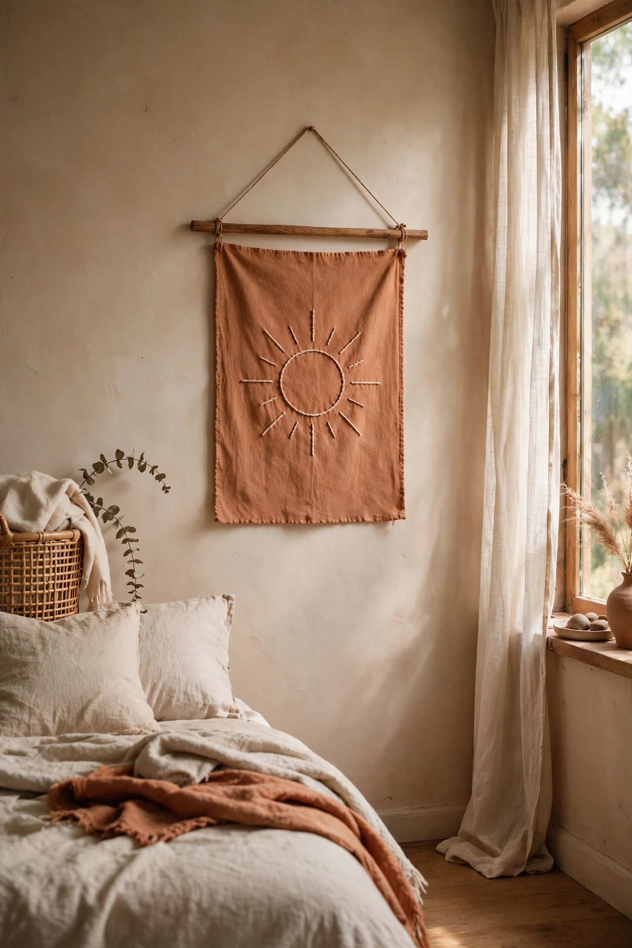 Terracotta fabric wall hanging with a sun motif on a bedroom wall