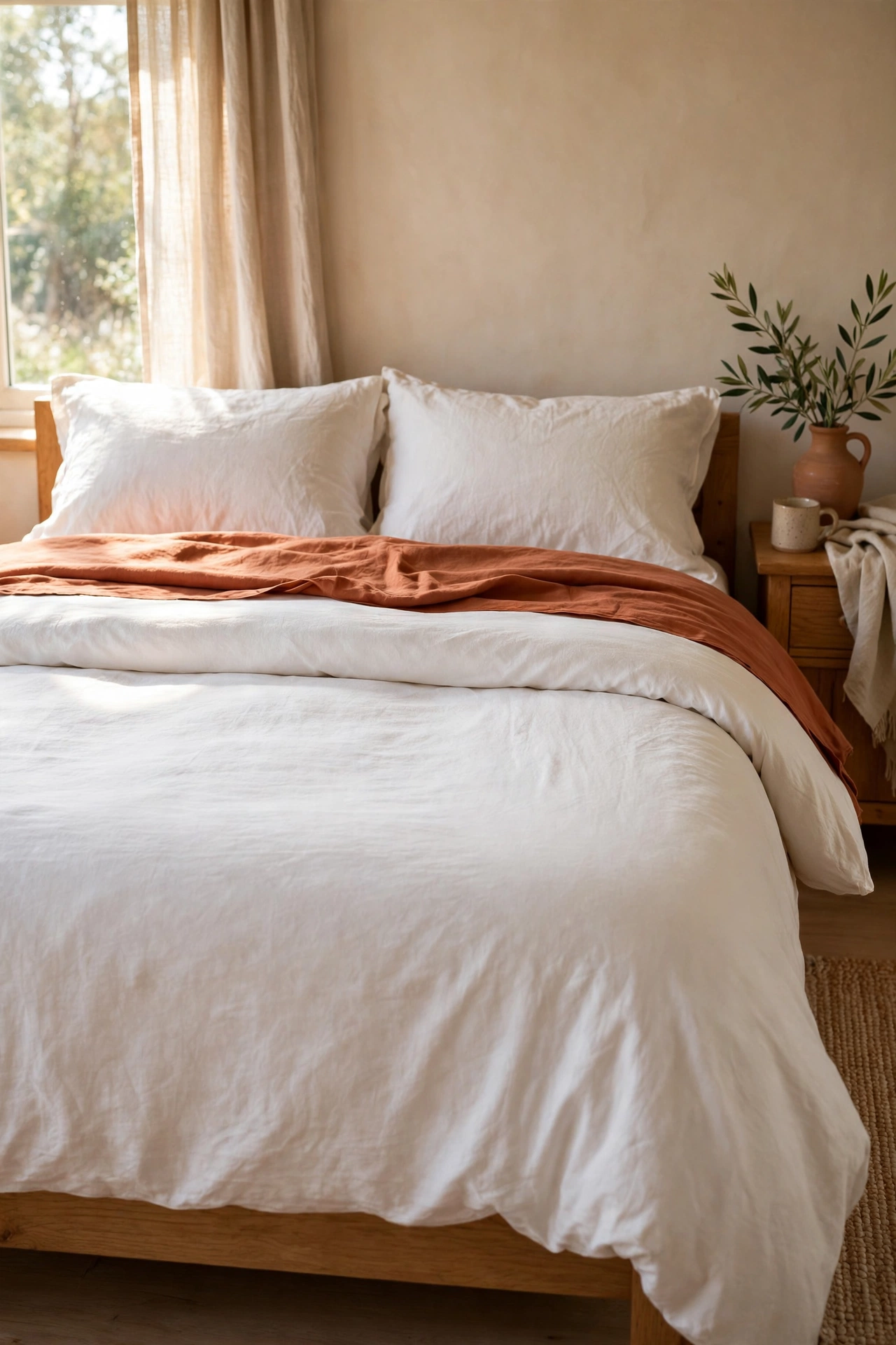 White duvet with terracotta sheets folded back showing a clay band