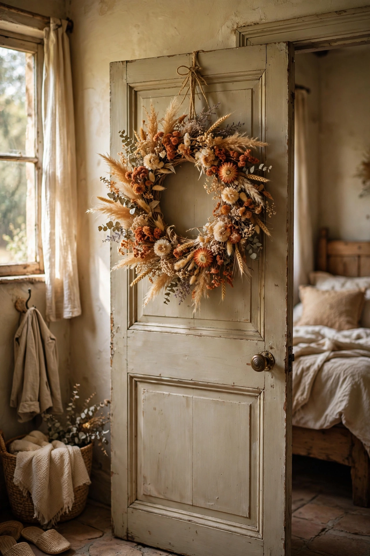 Dried-flower wreath in terracotta and cream tones on a bedroom door