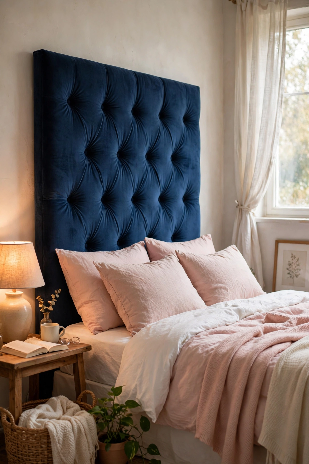 DIY navy velvet upholstered headboard behind a dreamy navy bedroom bed