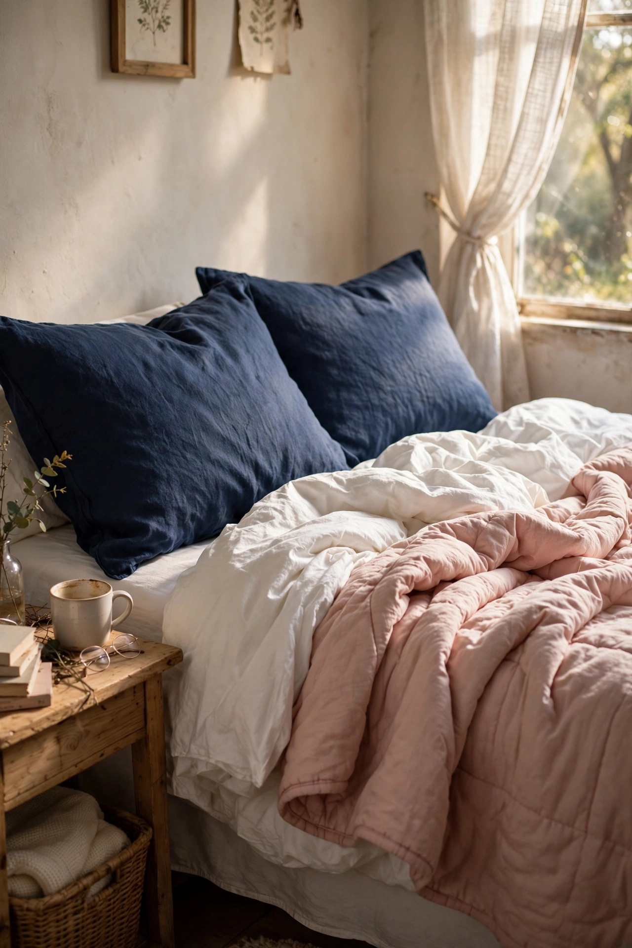 Navy bed layered with blush pink and white cloud-soft bedding