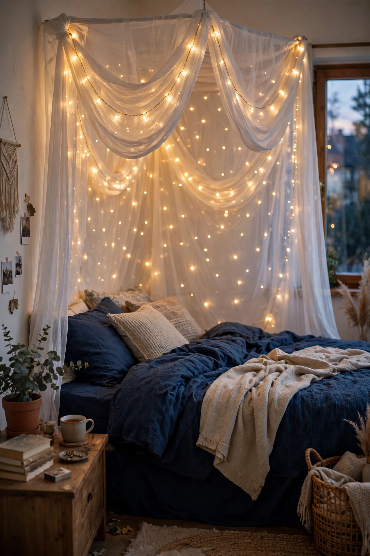 Warm gold fairy lights glowing behind sheer canopy panels over a navy bed