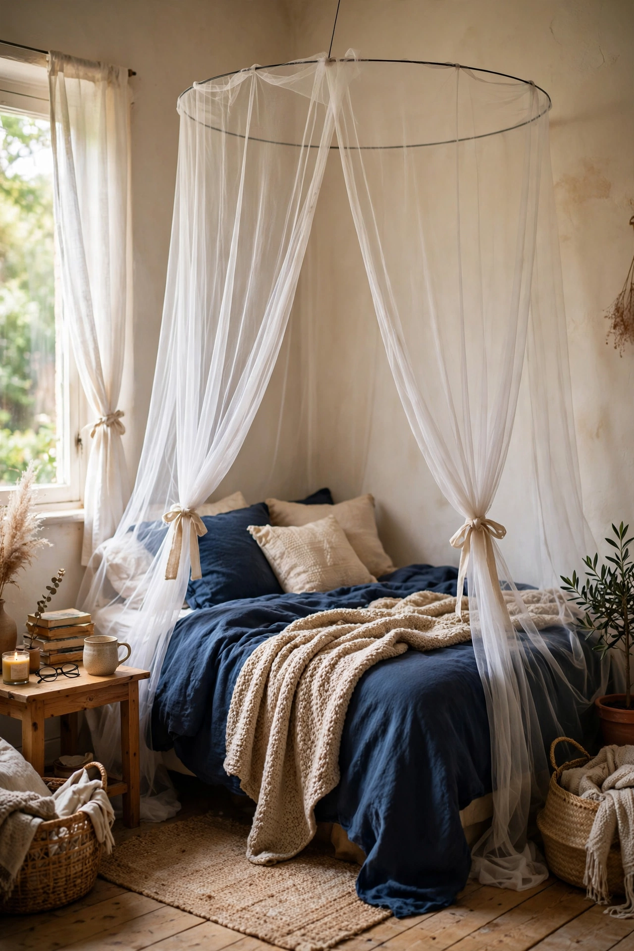 Sheer white voile canopy drapes hung from a ceiling wire over a bed