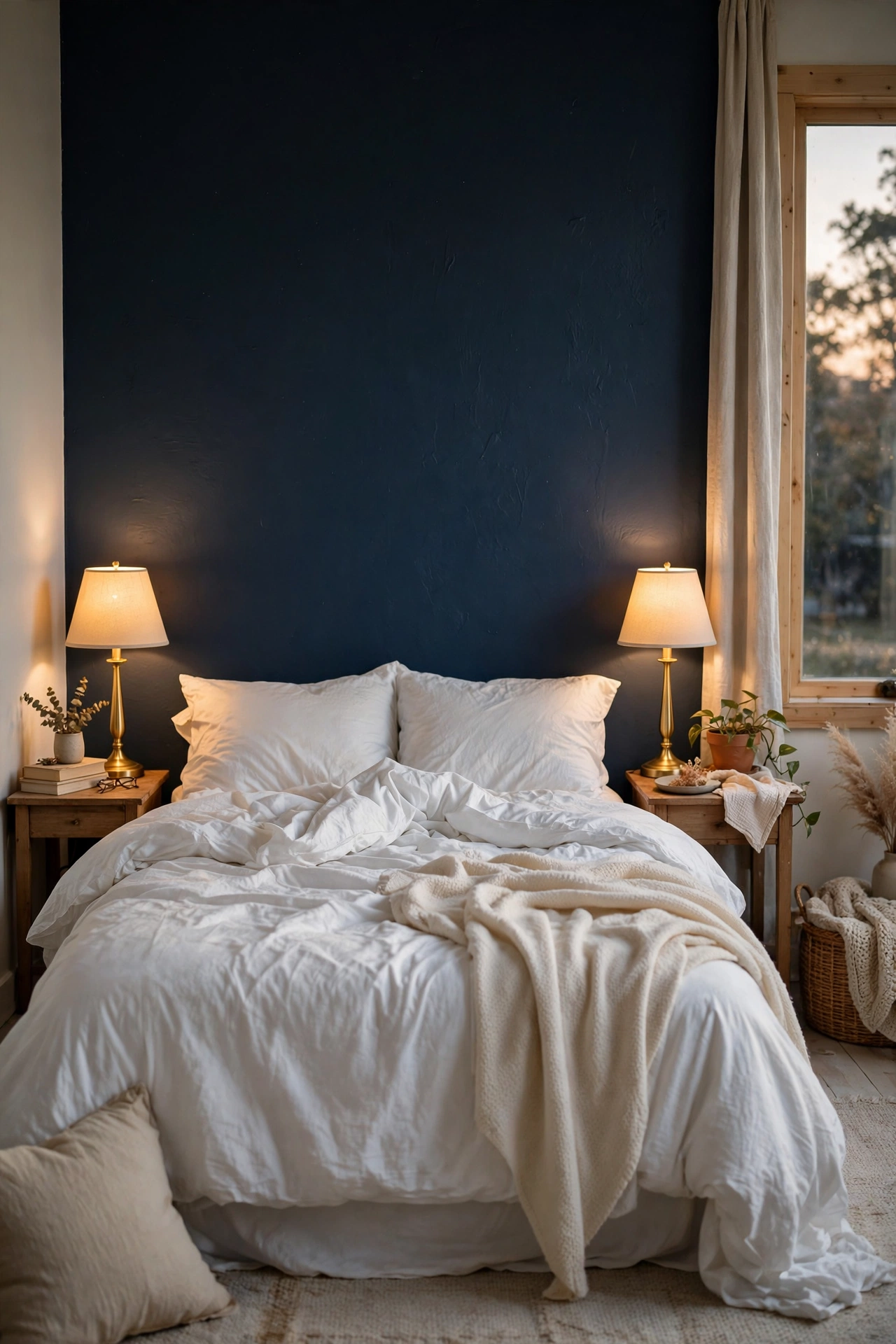 Matte navy blue accent wall behind a bed with white bedding