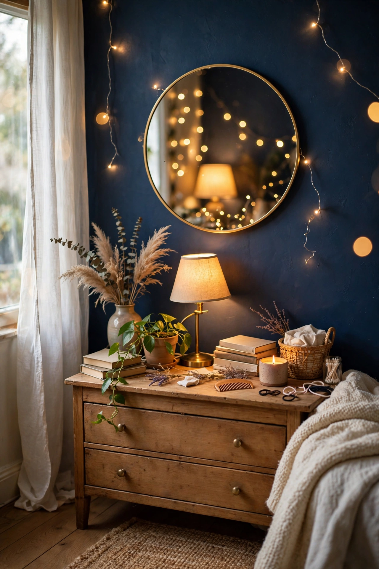 Round gold-rimmed mirror reflecting warm lamplight in a navy bedroom