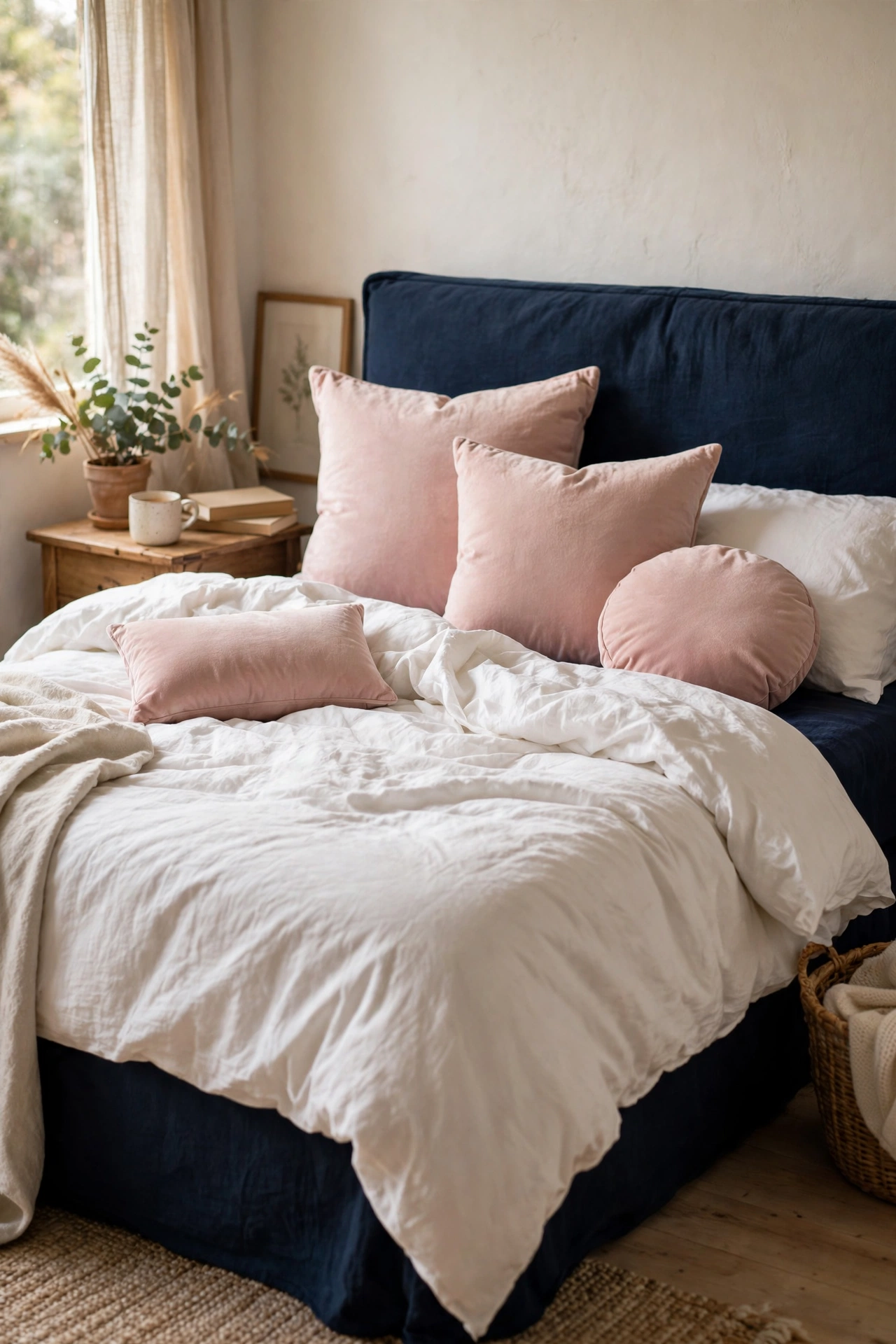 Blush velvet scatter cushions arranged on a navy bedroom bed