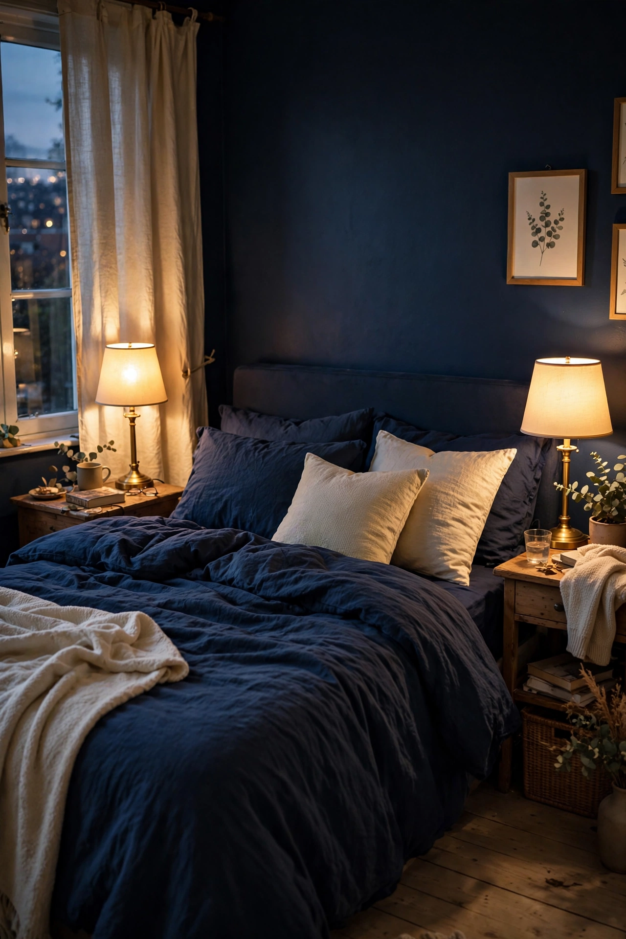 Warm gold bedside lamps glowing on nightstands beside a navy bed