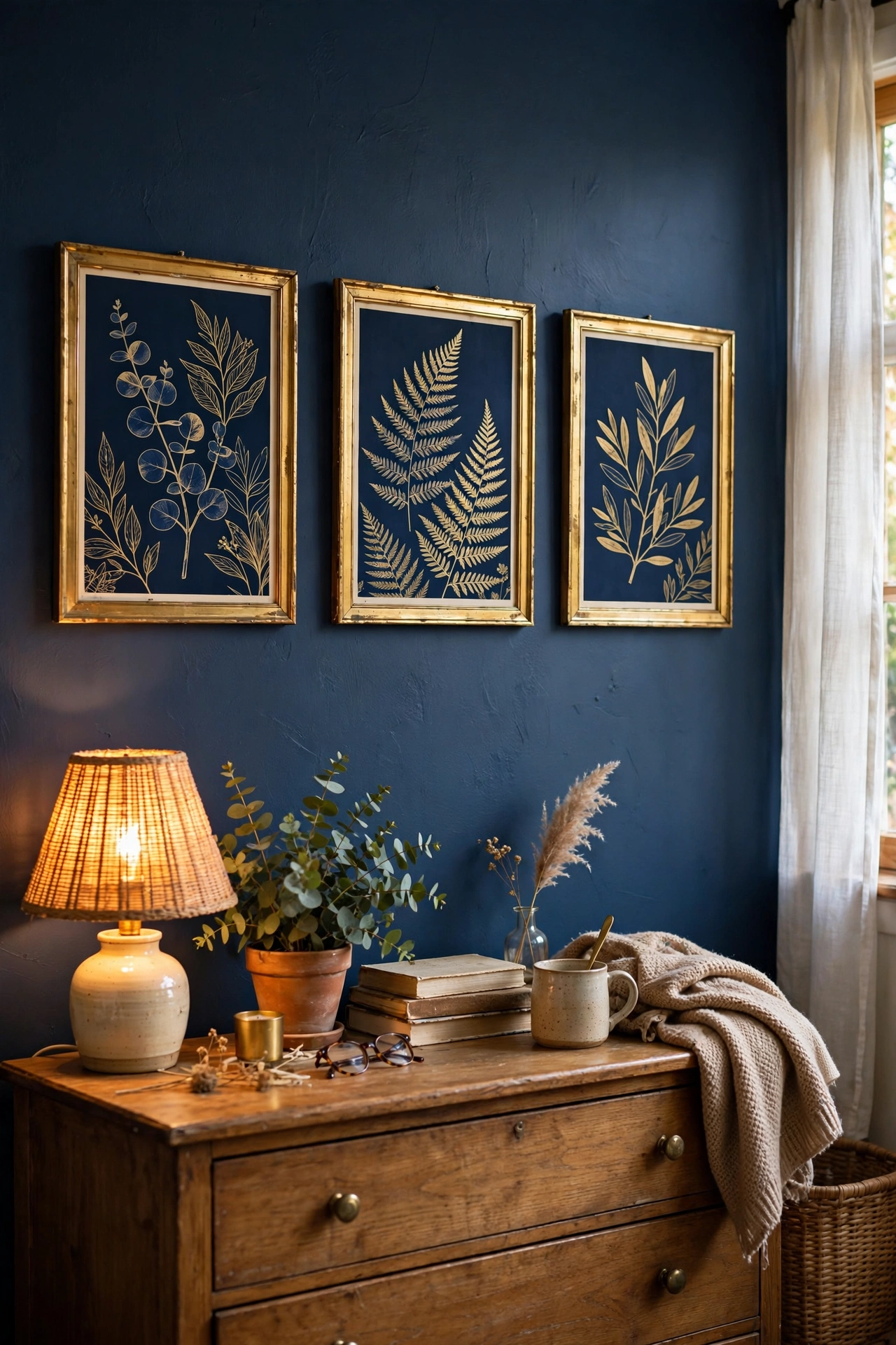 Navy and gold botanical art prints in gold frames above a dresser