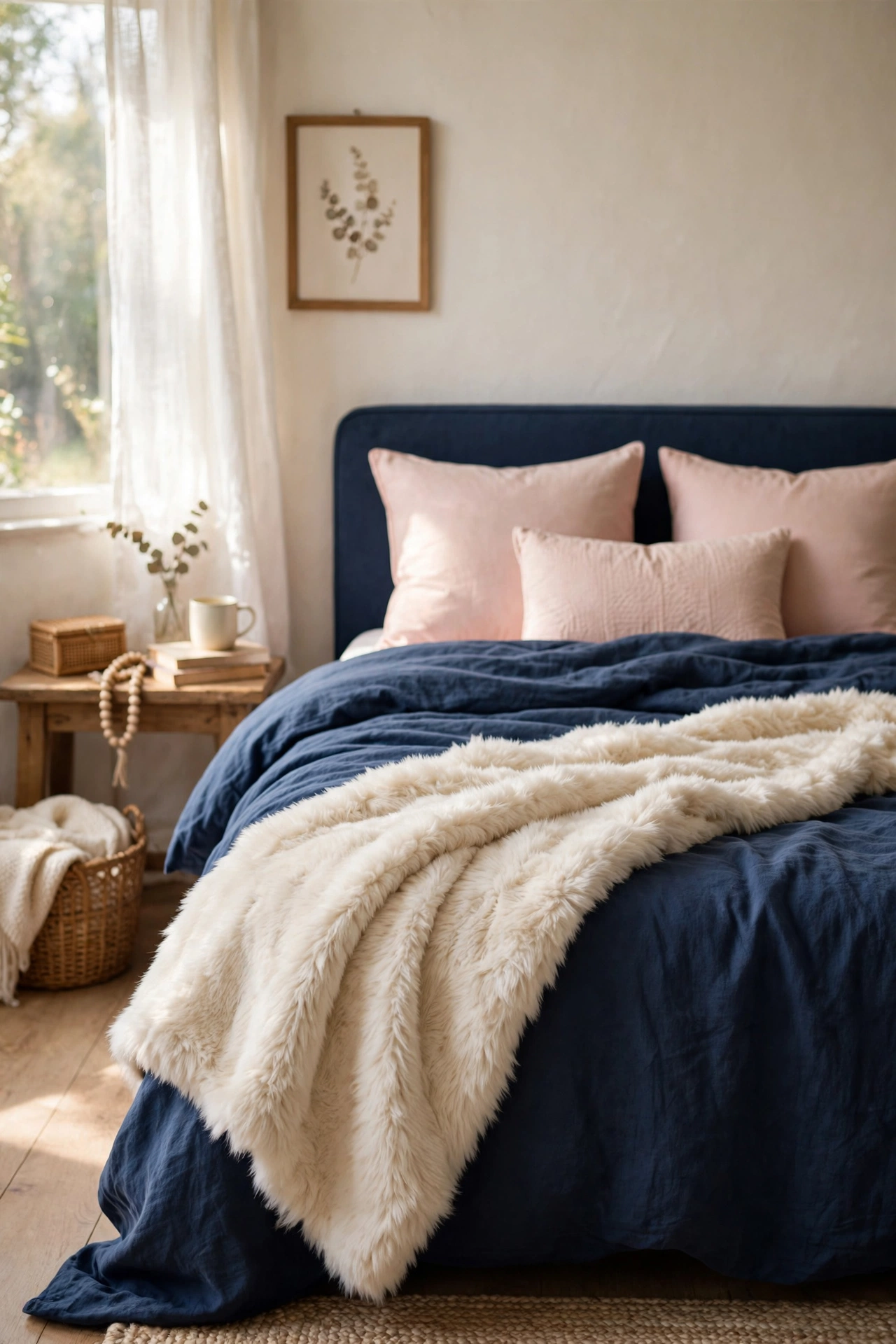Cream faux fur throw draped diagonally over navy bedroom bedding