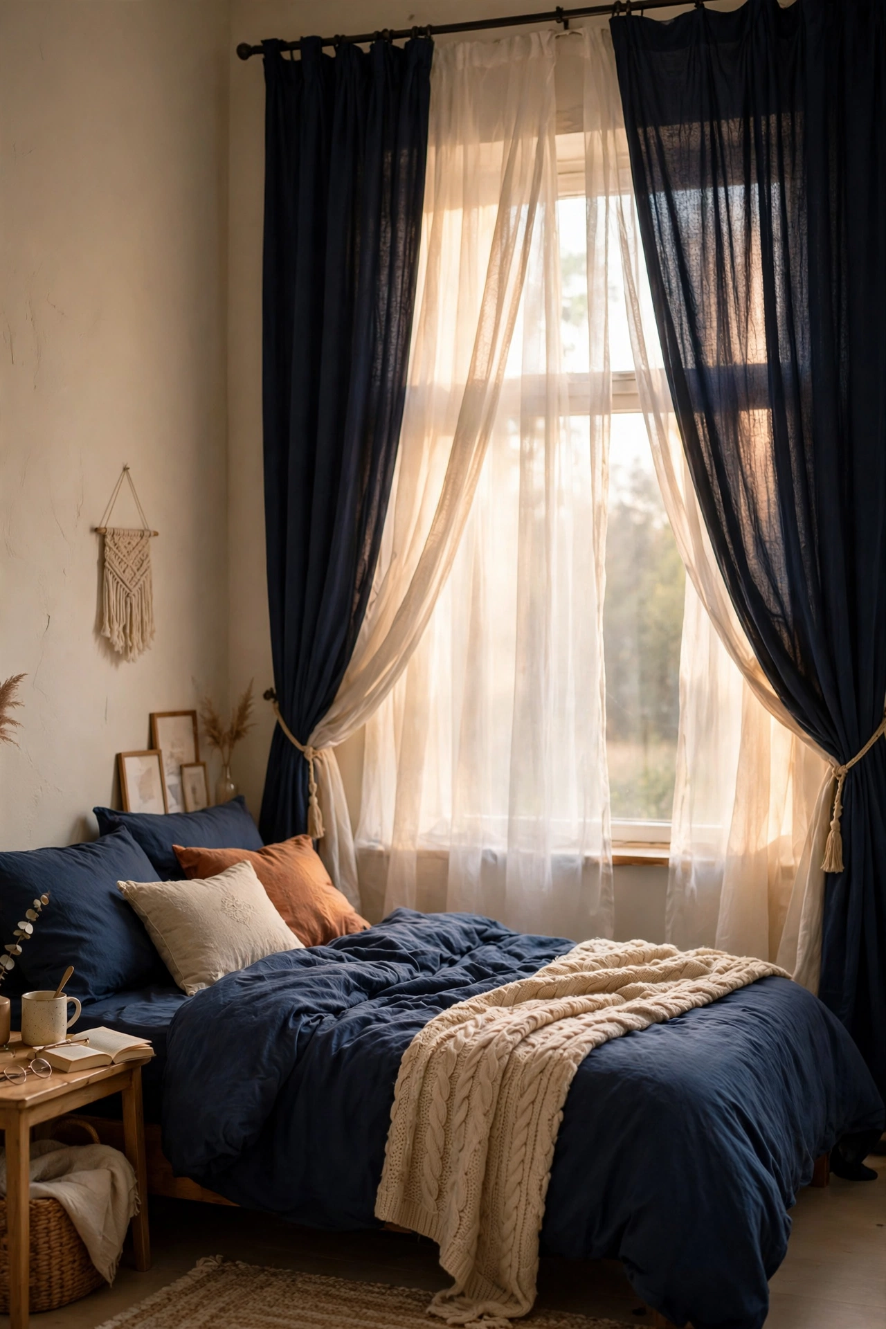 Midnight navy drapes layered over sheer voile panels in a bedroom