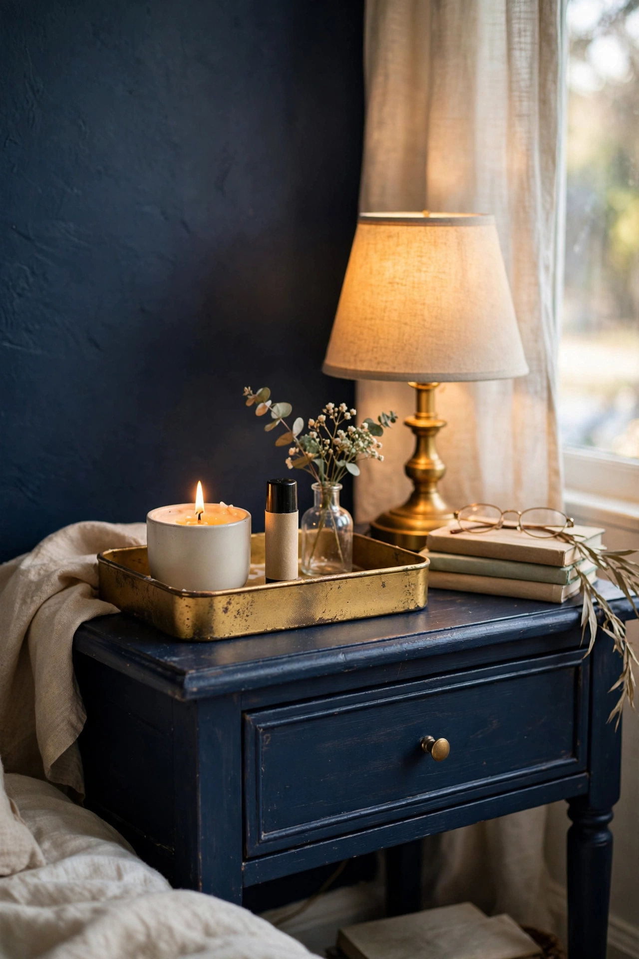 Small gold sprayed tray styling a candle and bud vase on a nightstand