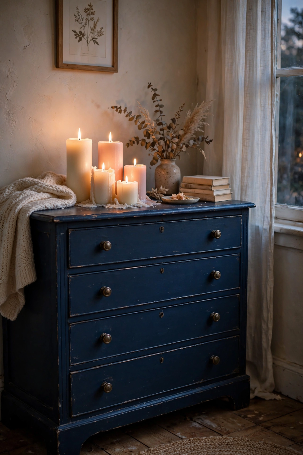 Cluster of blush and cream pillar candles glowing on a bedroom dresser