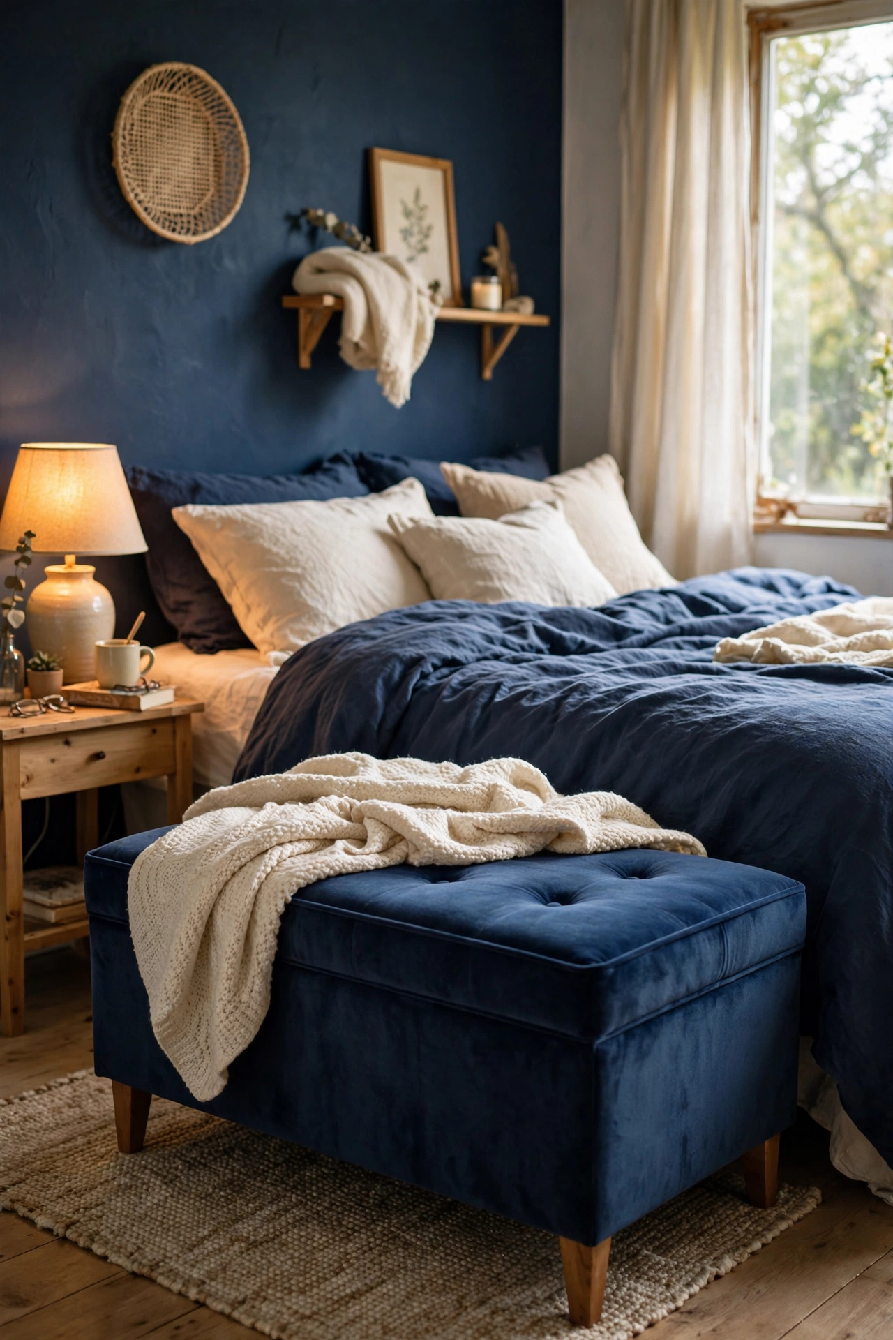Navy velvet covered storage ottoman at the foot of a dreamy bed