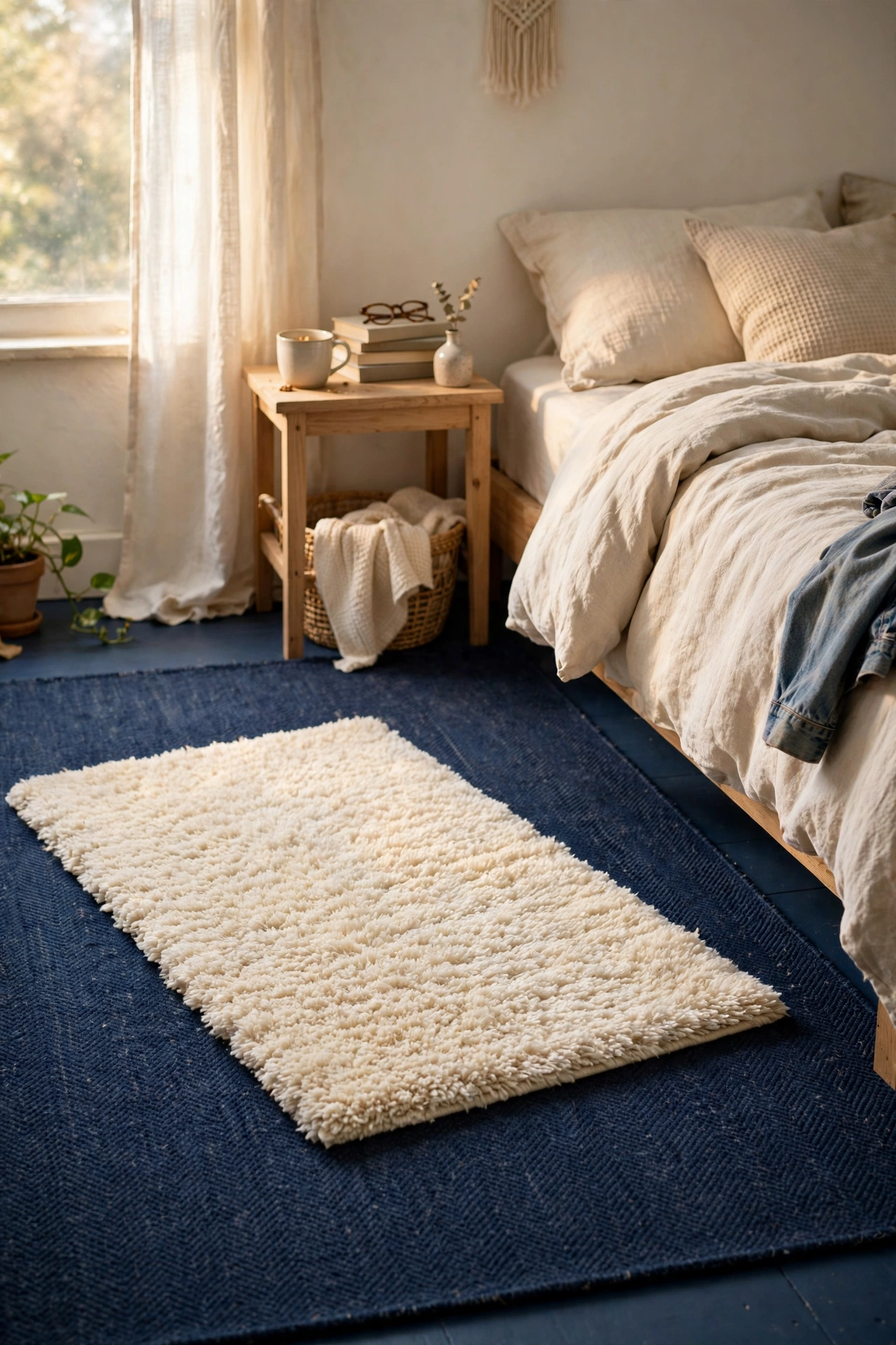 Cream shag rug layered at an angle over a large navy bedroom rug