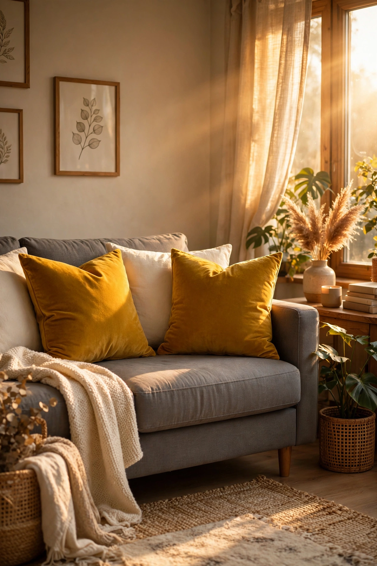 Mustard yellow velvet throw pillows on a gray sofa in a cozy living room